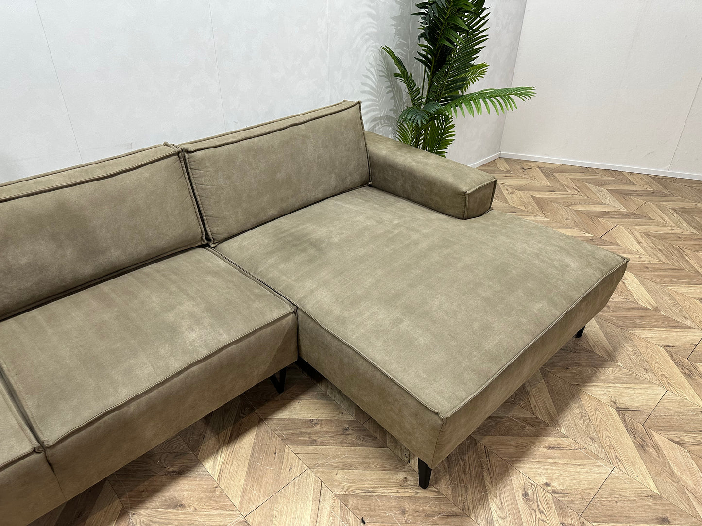 Olijf Groene Leather Look Hoekbank ~ Losse Rugkussens