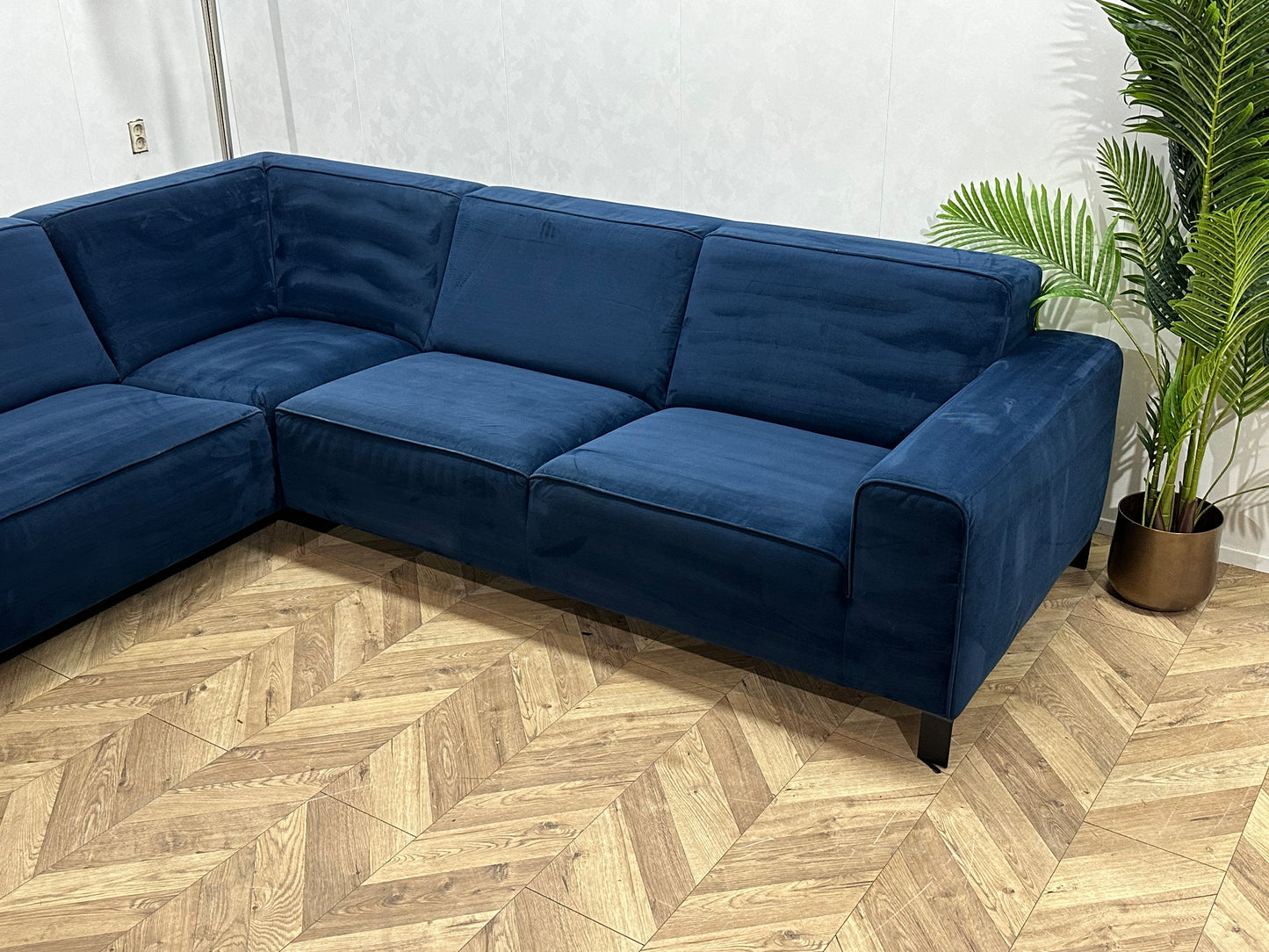 Blauwe Velvet Hoekbank ~ Vaste Kussens