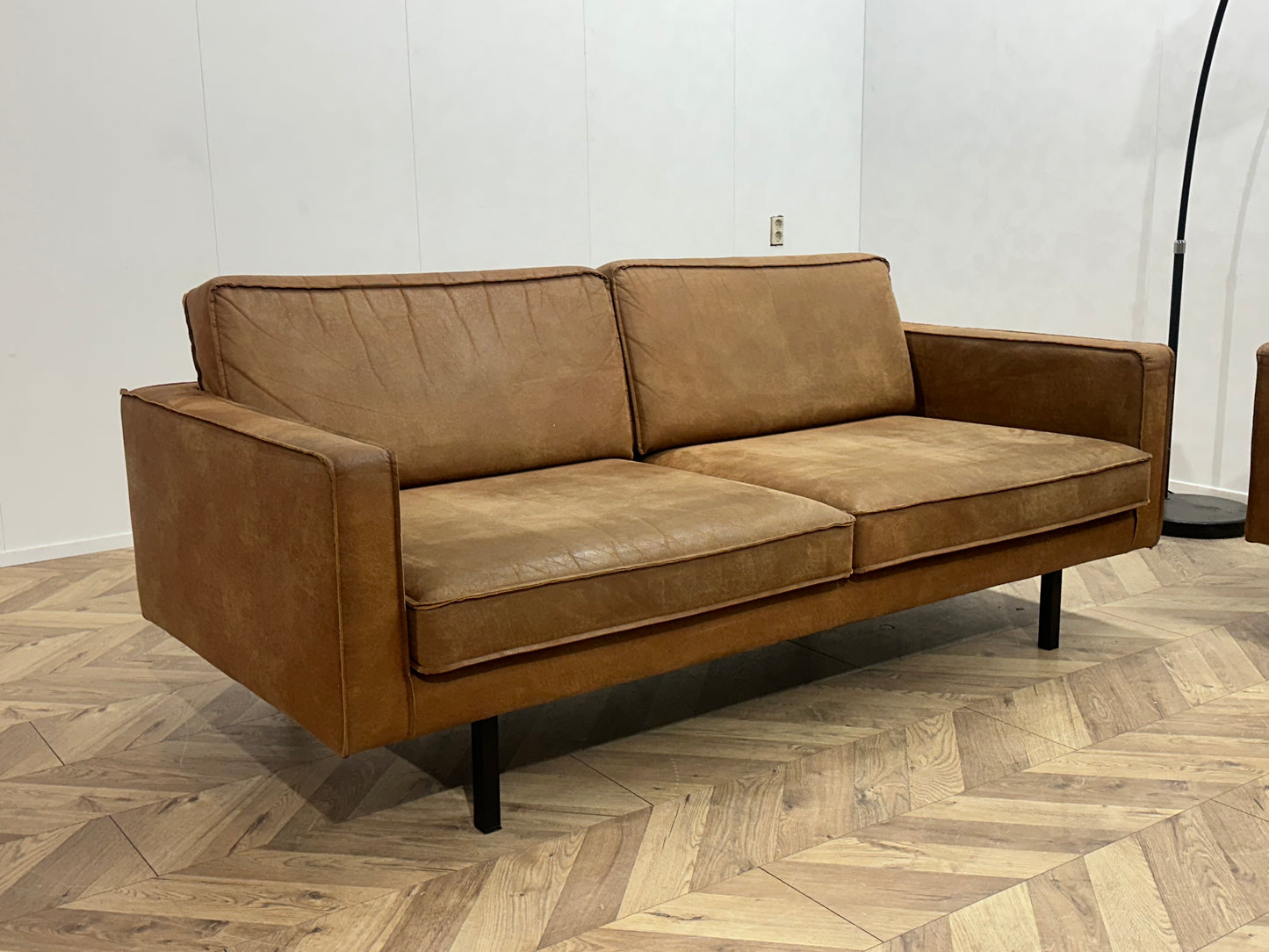 Cognac Bruine Suede Lederen Banken Set ~ Losse Kussens Met Afneembare Hoezen