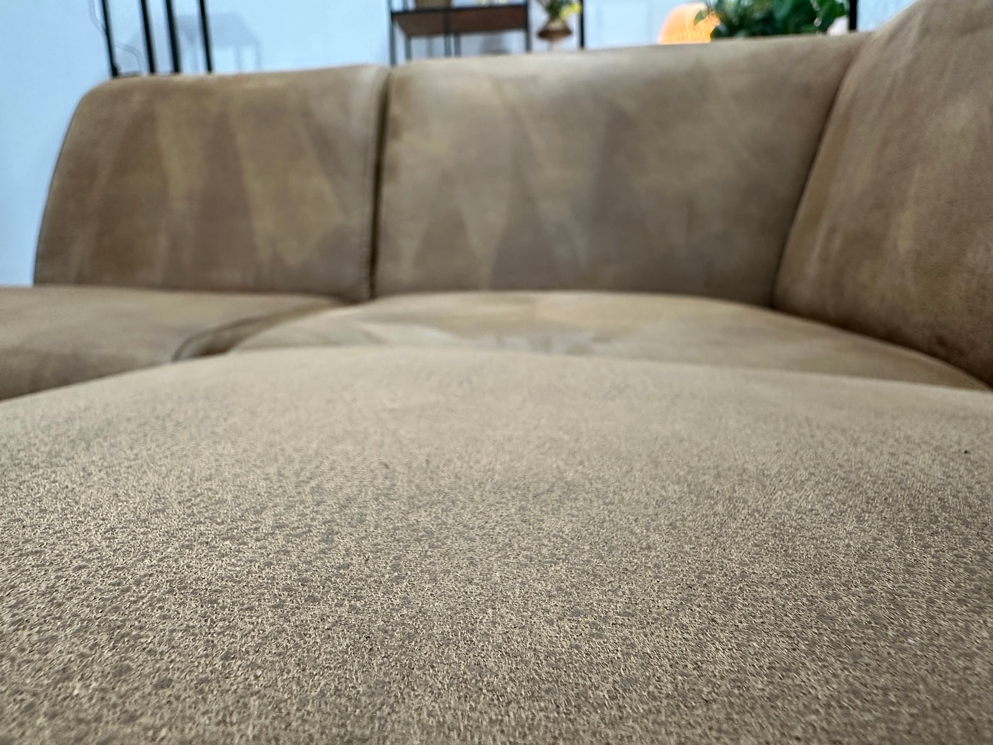 Cognac Bruine Suède Stoffen Hoekbank ~ Vaste Kussens