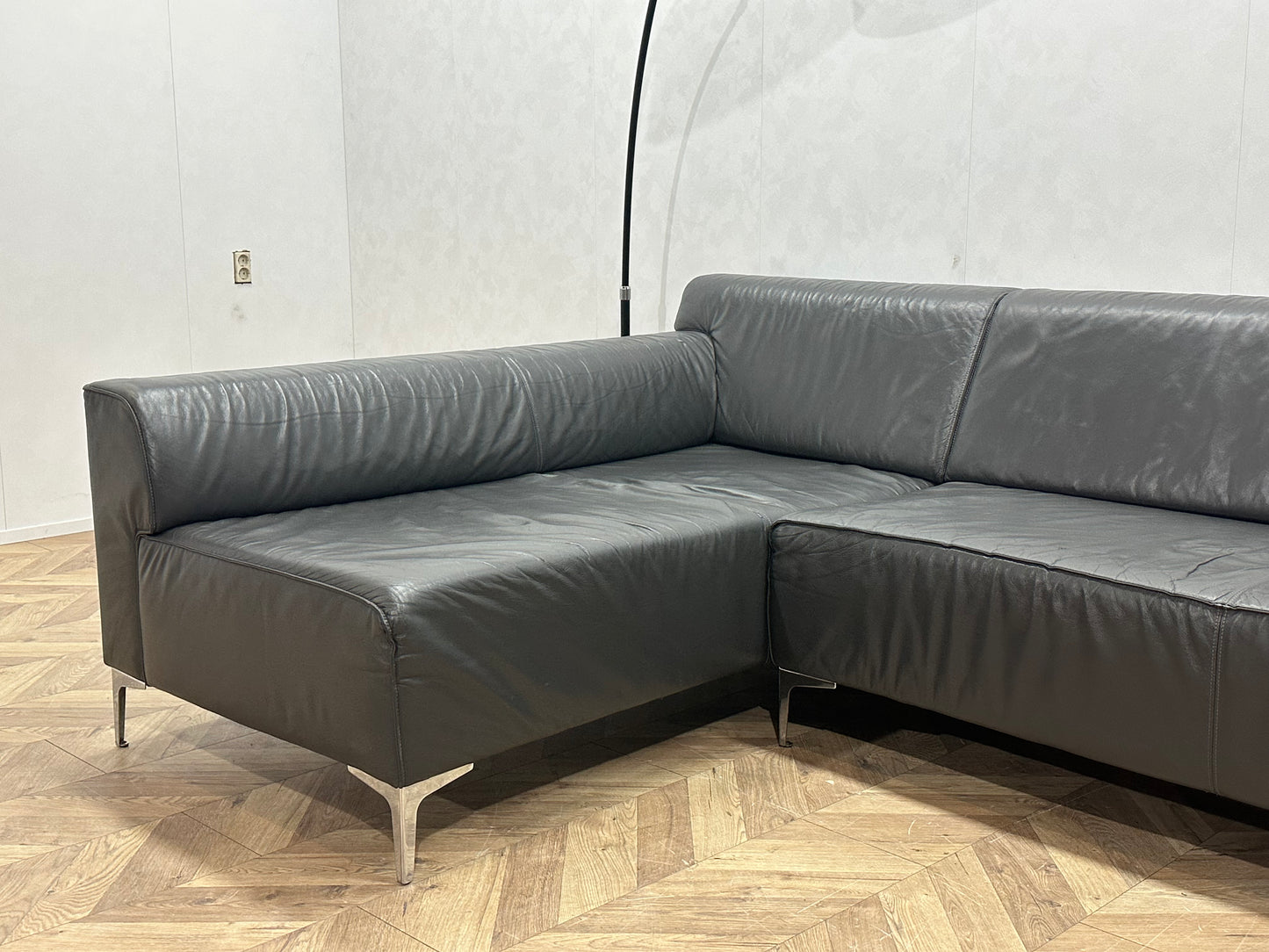 Montèl Grijze Echt Lederen Design Hoekbank ~ Vaste Kussens