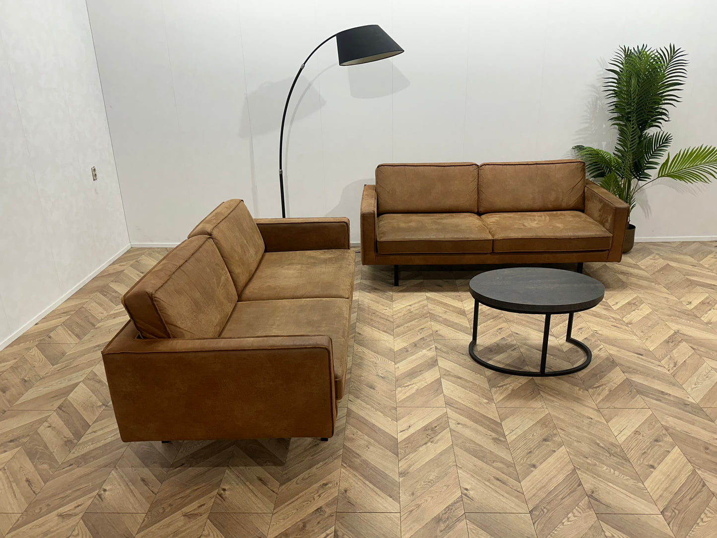 Cognac Bruine Suede Lederen Banken Set ~ Losse Kussens Met Afneembare Hoezen