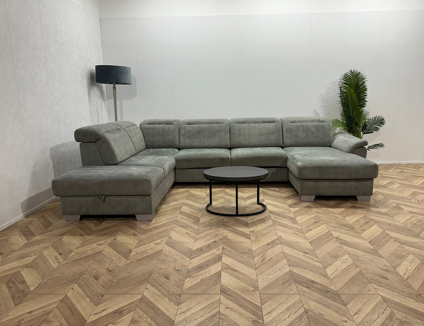 H&H Licht Groene Ribstof U Bank ~ Slaapfunctie ~ Opbergruimtes