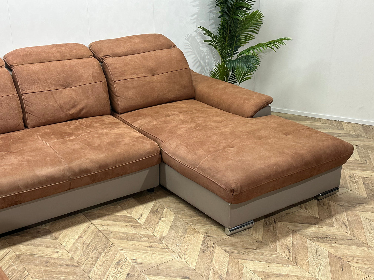 Cognac Bruine/Grijze Suède Stoffen/Lederen U Bank ~ Opbergruimte ~ Verstelbare Rug/Hoofdsteunen