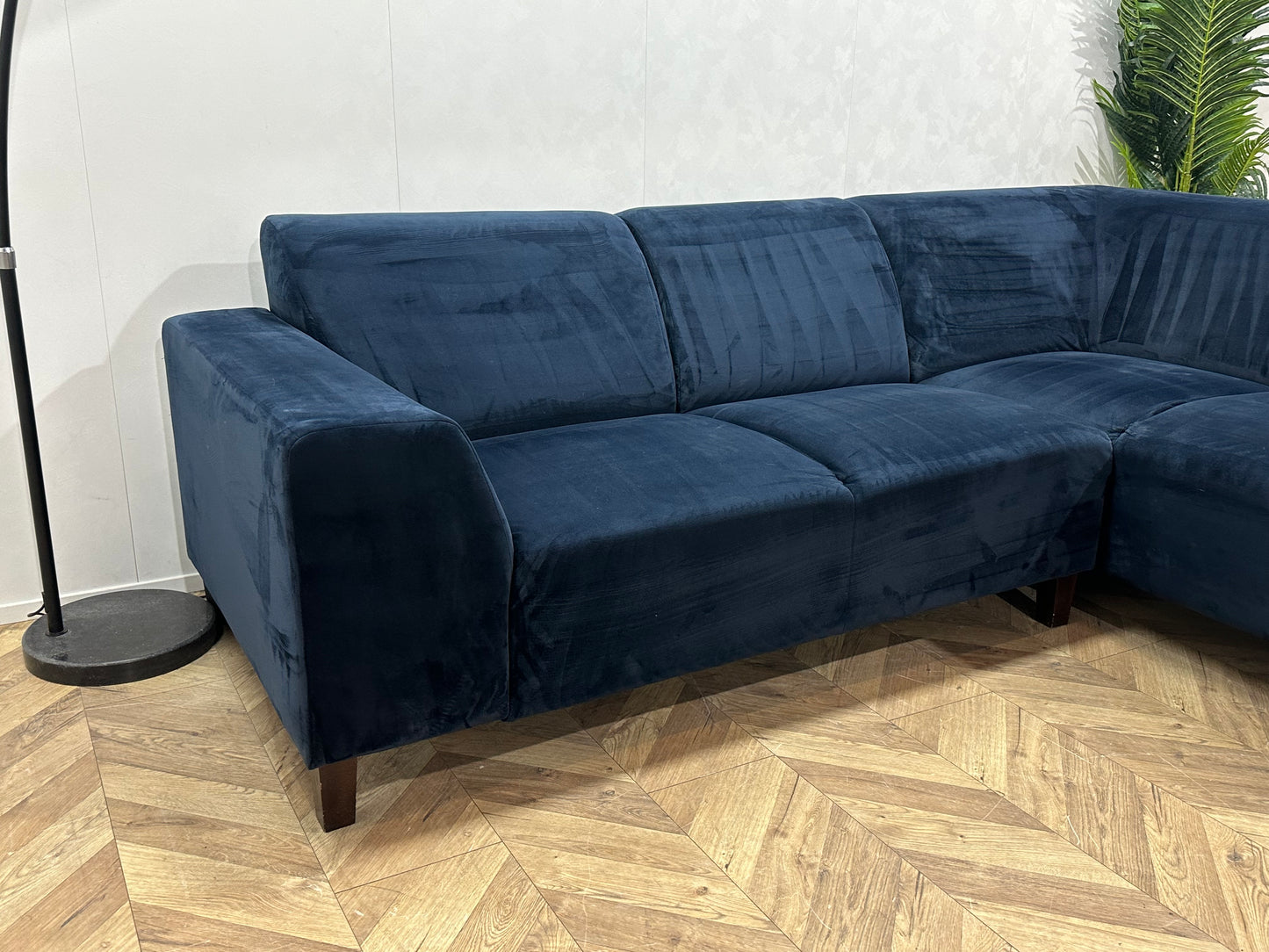 Blauwe Velvet Hoekbank ~ Vaste Kussens