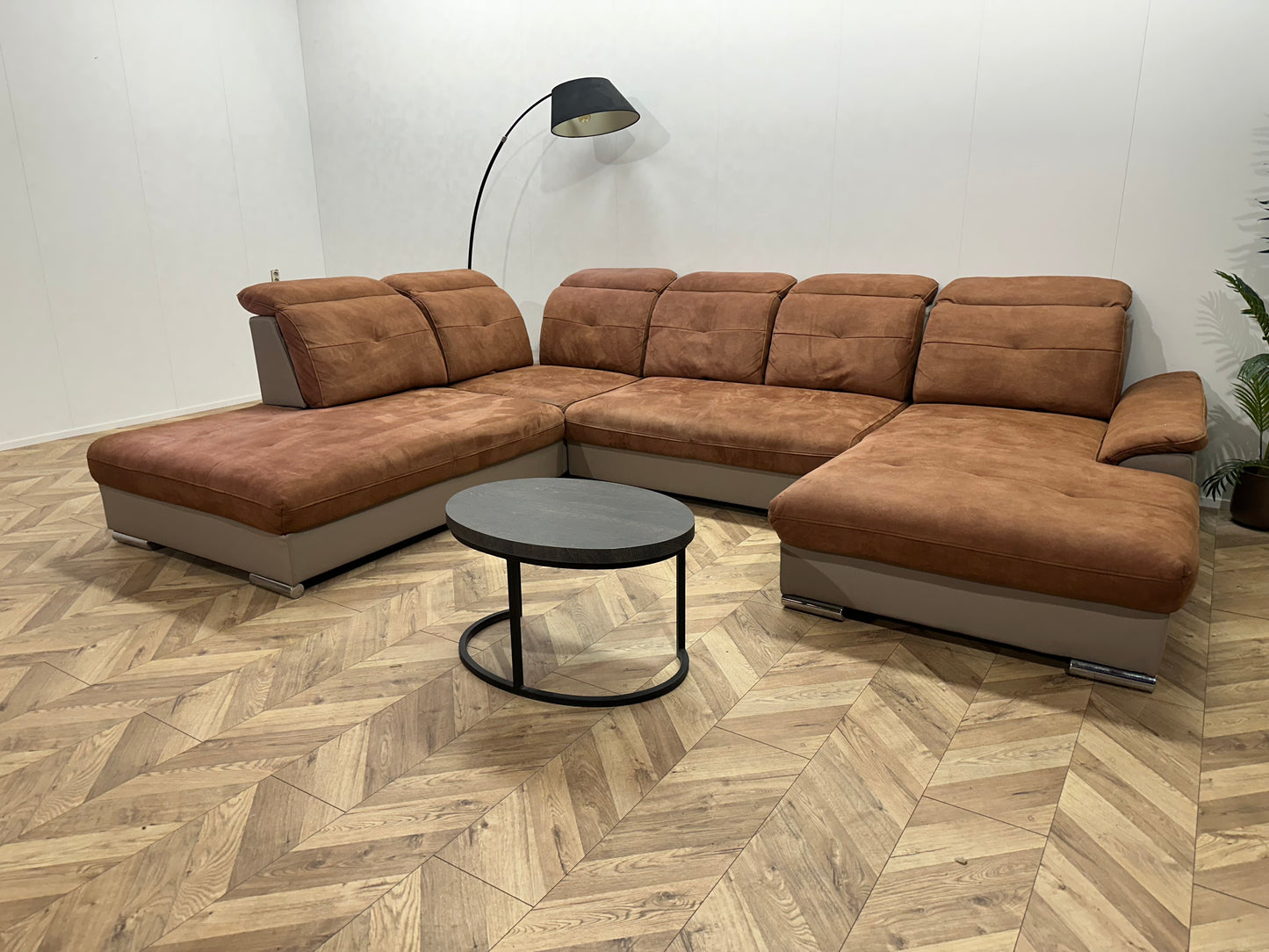 Cognac Bruine/Grijze Suède Stoffen/Lederen U Bank ~ Opbergruimte ~ Verstelbare Rug/Hoofdsteunen