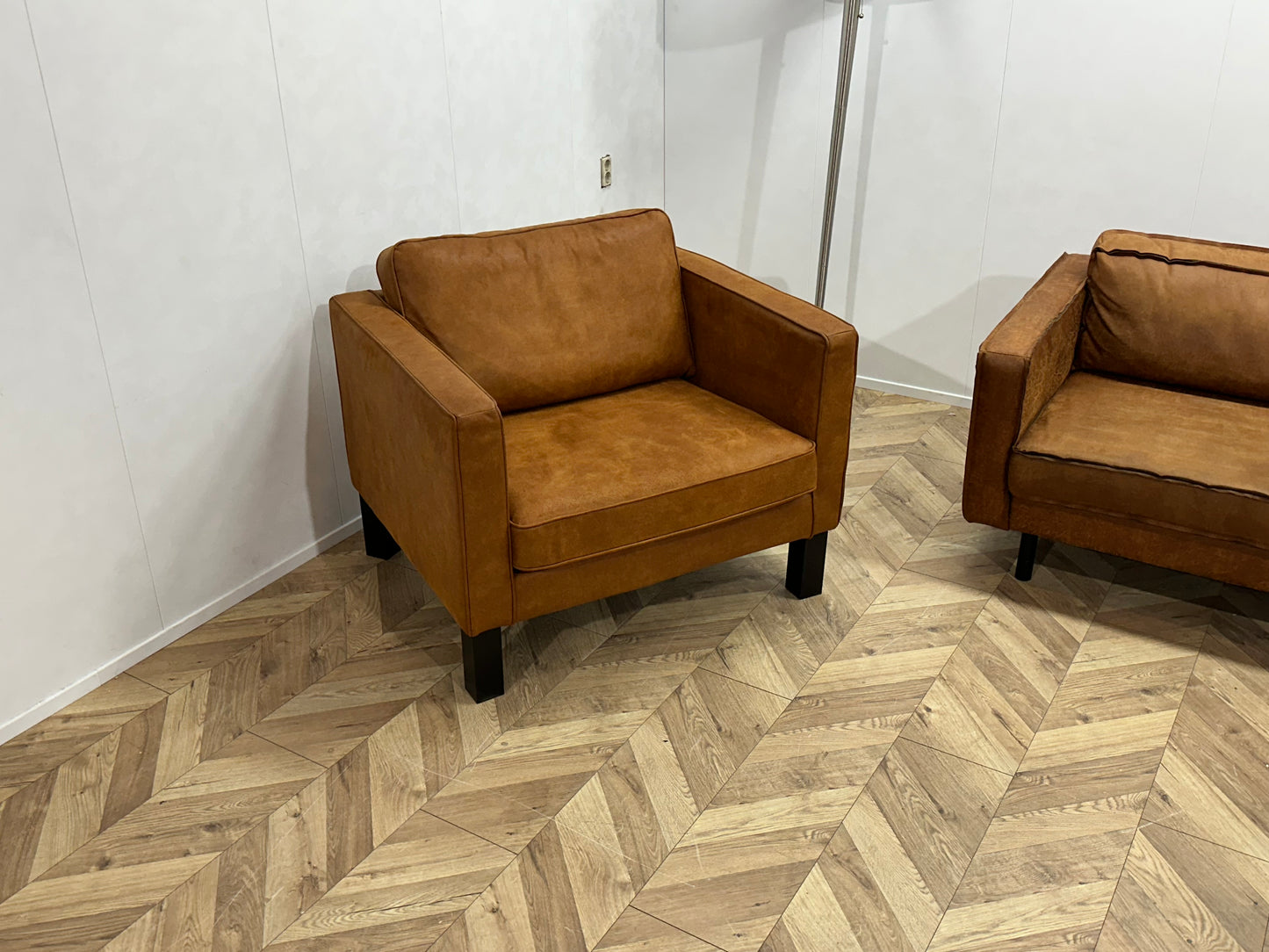 Cognac Bruine Suède Lederen Hoekbank Inc Fauteuil ~ Losse Kussens Met Afneembare Hoezen
