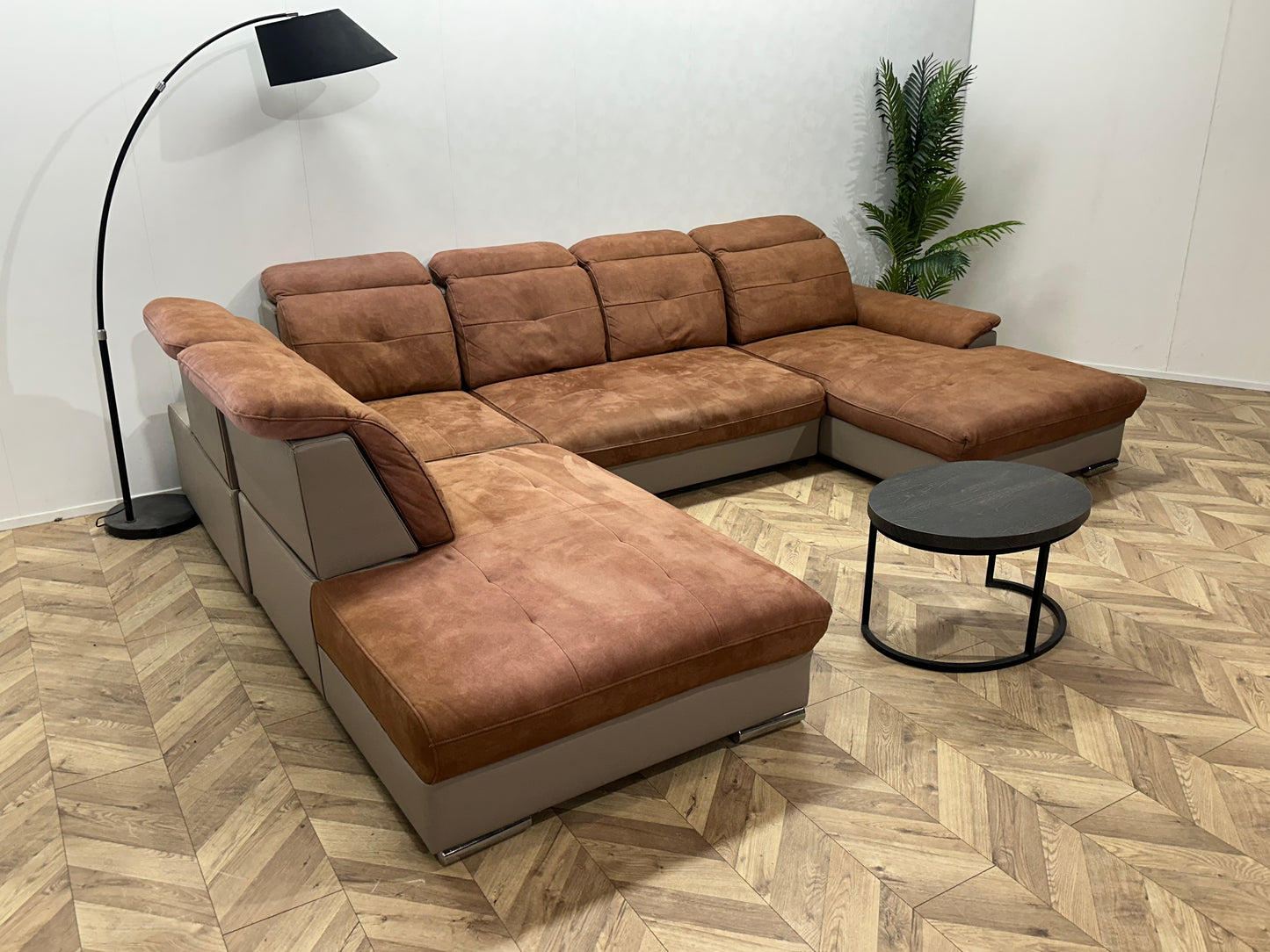 Cognac Bruine/Grijze Suède Stoffen/Lederen U Bank ~ Opbergruimte ~ Verstelbare Rug/Hoofdsteunen