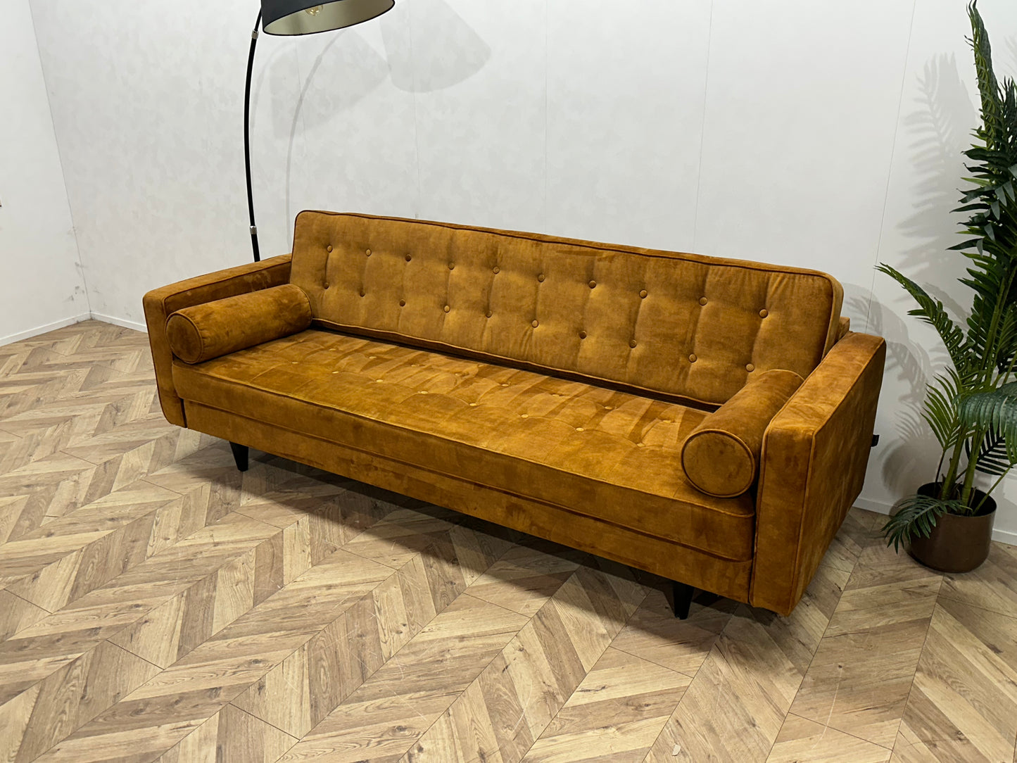 Trendhopper Gele Velvet 2.5-Zits Bank Inc Hocker ~ Losse Rugkussens Met Afneembare Hoezen