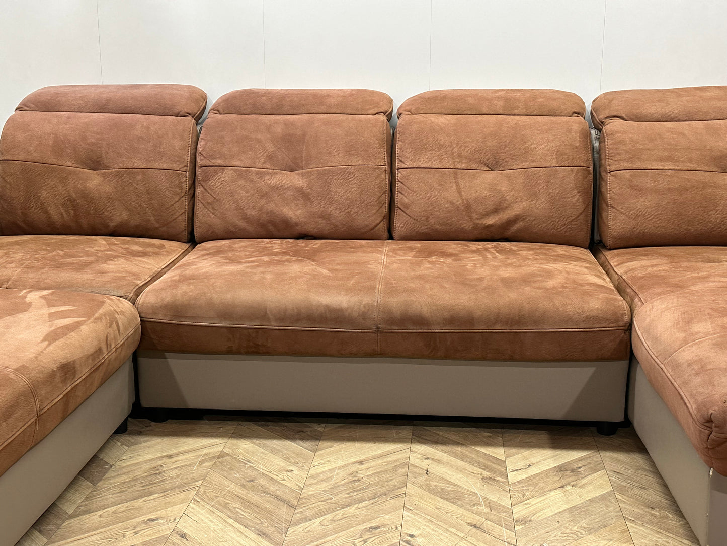 Cognac Bruine/Grijze Suède Stoffen/Lederen U Bank ~ Opbergruimte ~ Verstelbare Rug/Hoofdsteunen