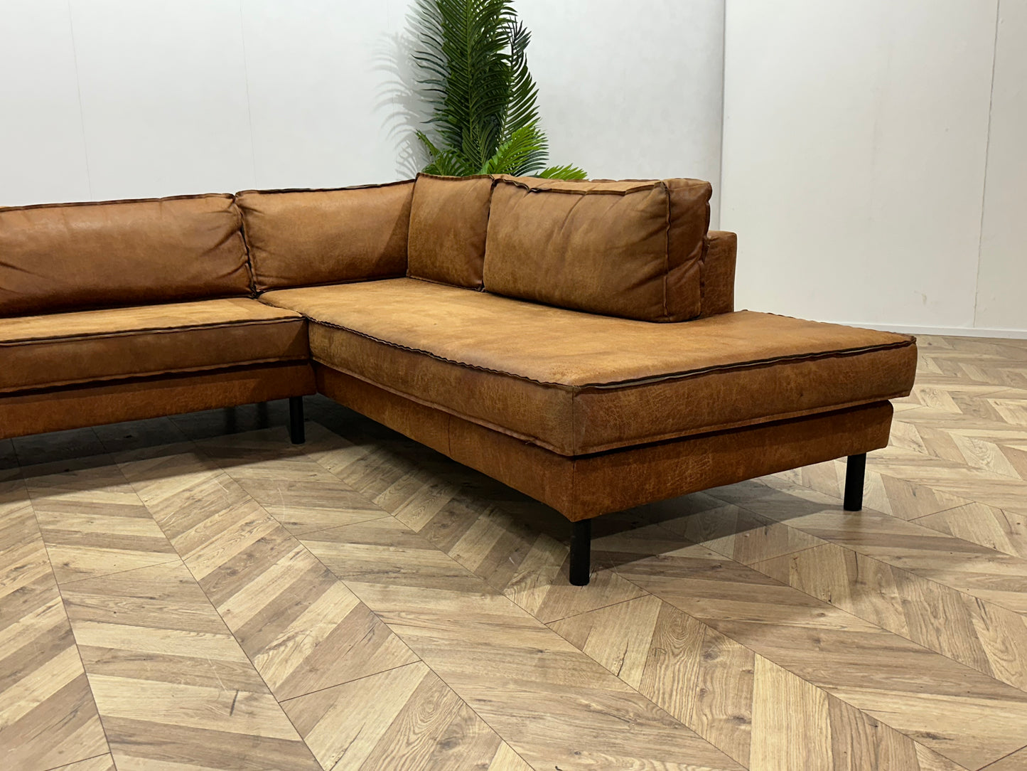 Cognac Bruine Suède Lederen Hoekbank Inc Fauteuil ~ Losse Kussens Met Afneembare Hoezen
