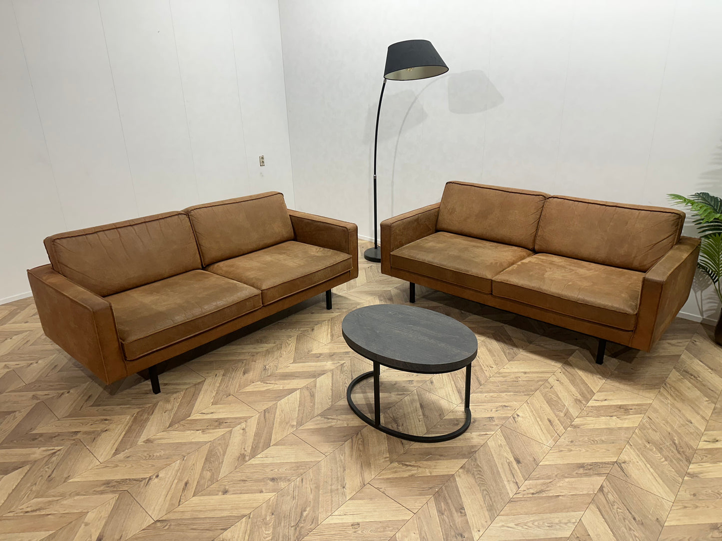 Cognac Bruine Suede Lederen Banken Set ~ Losse Kussens Met Afneembare Hoezen