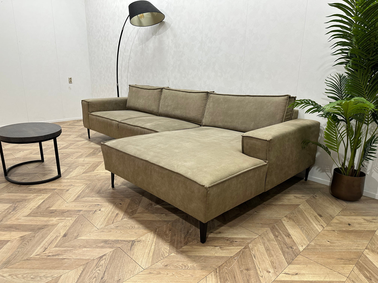 Olijf Groene Leather Look Hoekbank ~ Losse Rugkussens