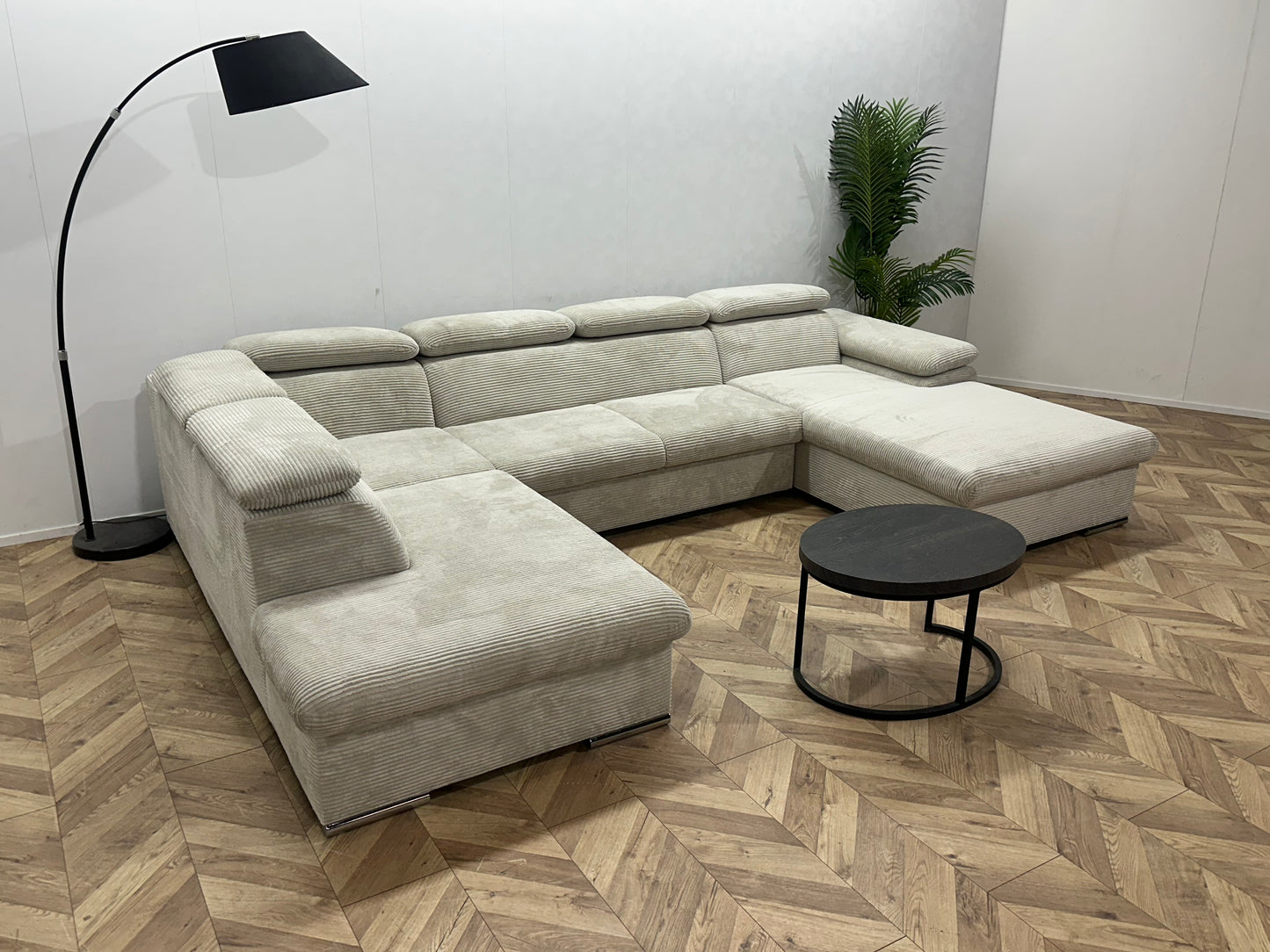 !Showroommodel! Witte/Crème Ribstof U Bank ~ Verstelbare Hoofdsteunen