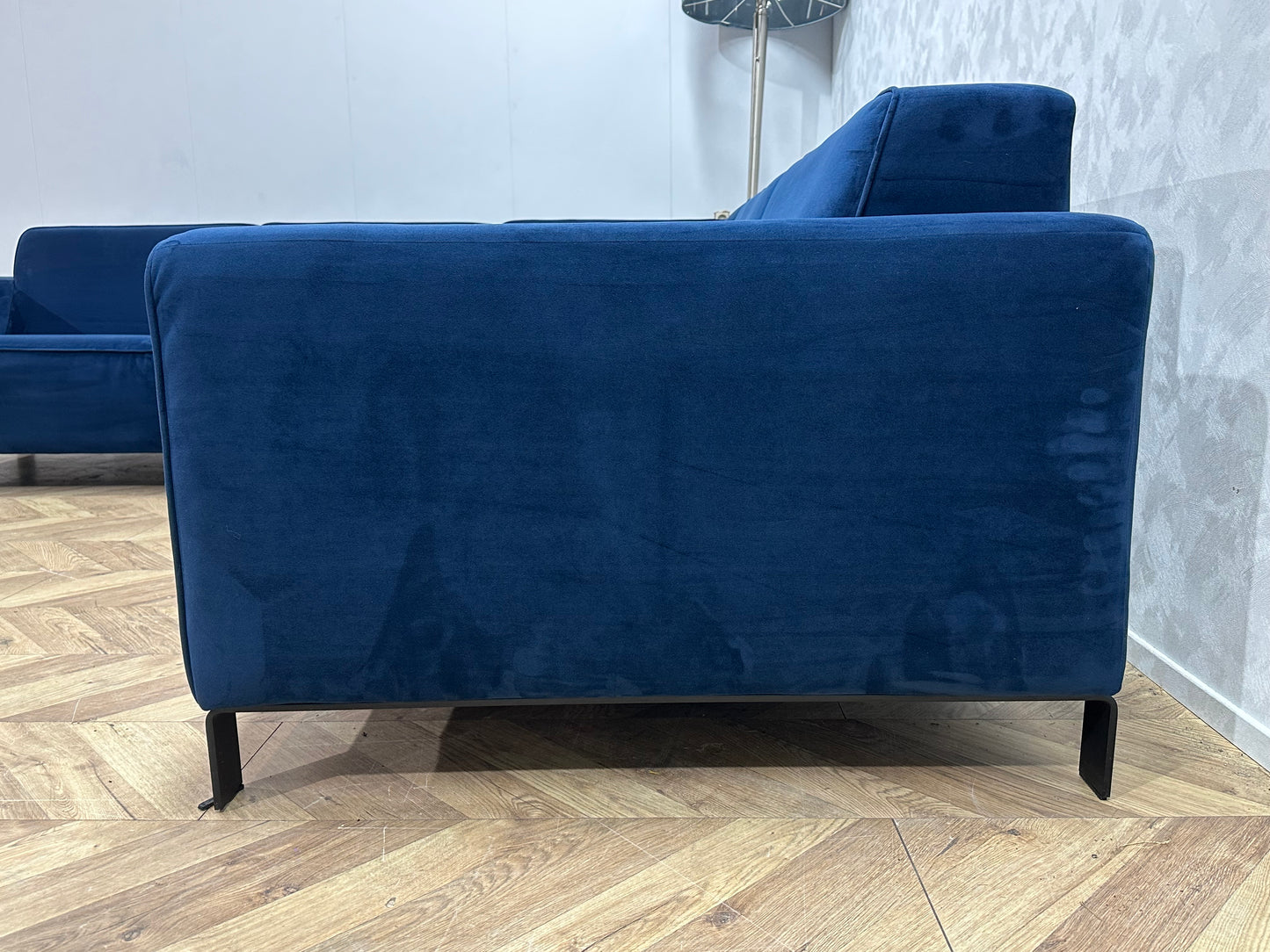 Blauwe Velvet Hoekbank ~ Vaste Kussens