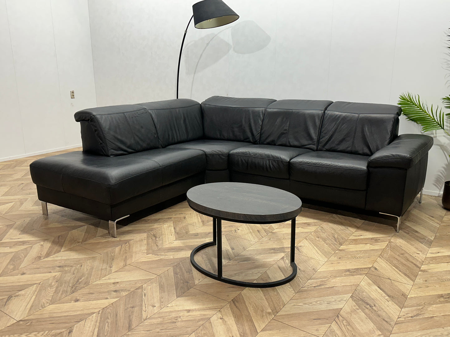 Zwart Echt Lederen Hoekbank ~ Verstelbare Hoofdsteunen