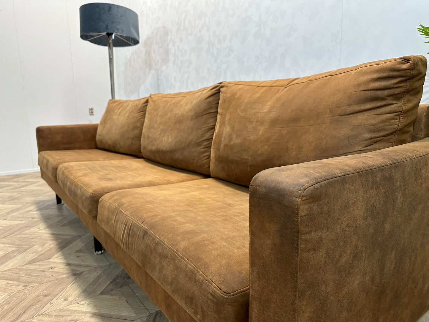 Cognac Bruine Suède Lederen 3-Zits Bank Inc Hocker ~ Losse Kussens Met Afneembare Hoezen
