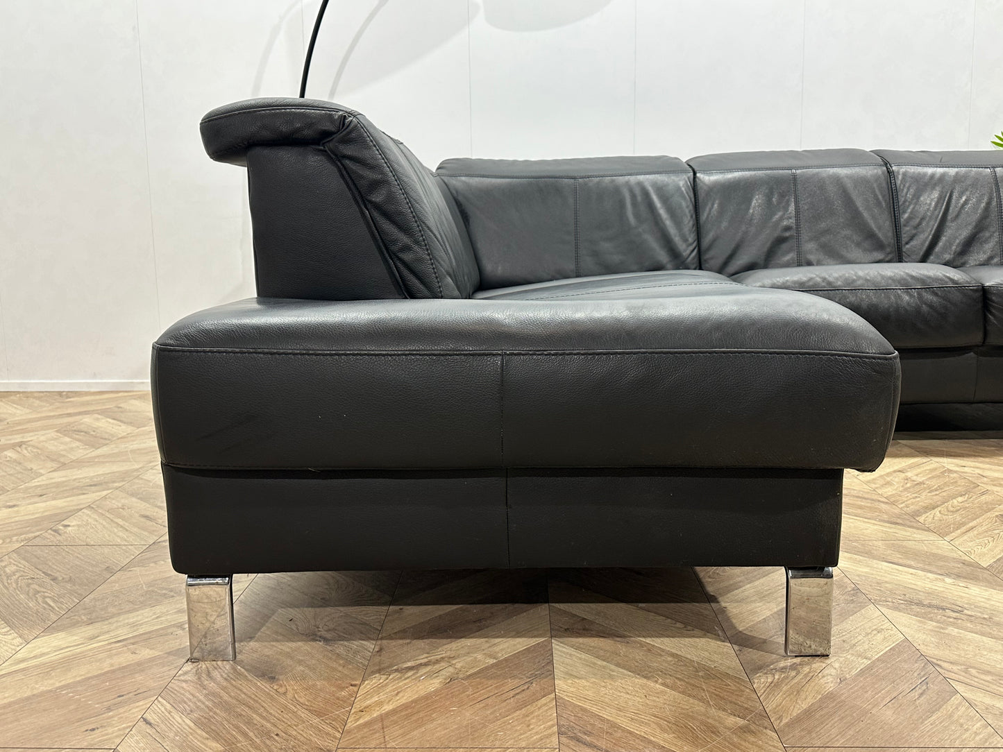 Zwart Echt Lederen Hoekbank ~ Verstelbare Hoofdsteunen