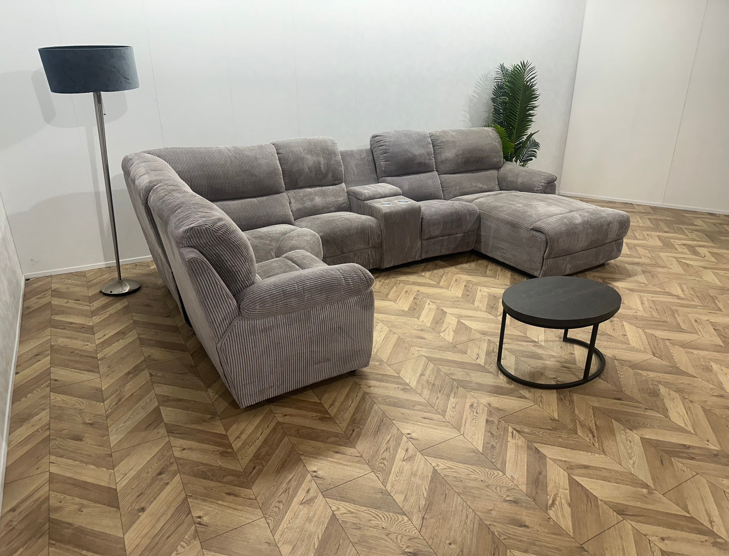 Licht Grijze Ribstof U Bank ~ Relaxfunctie ~ Kleine Opbergruimte ~ Nieuwstaat
