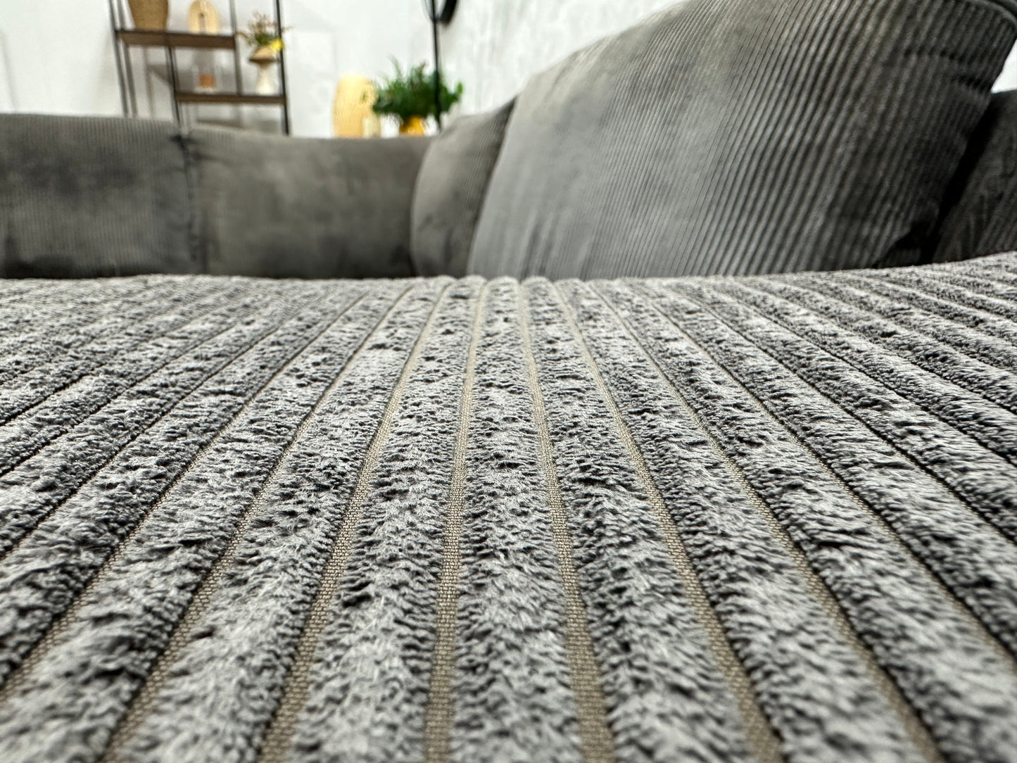 Grijze Ribstof Hoekbank ~ Losse Kussens Met Afneembare Hoezen