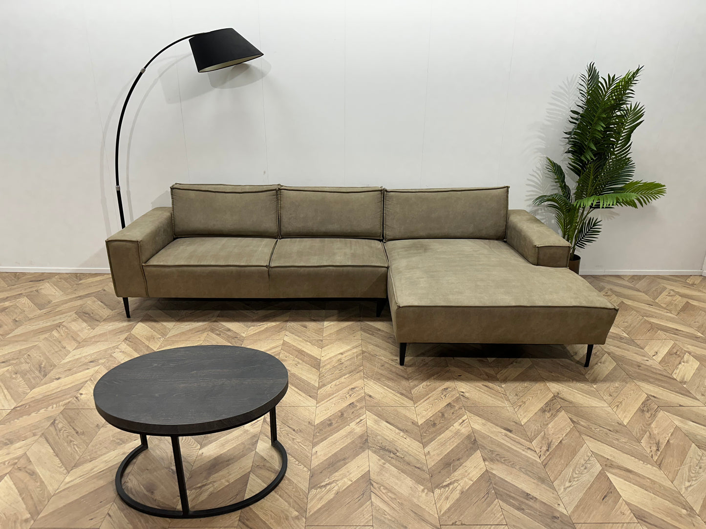 Olijf Groene Leather Look Hoekbank ~ Losse Rugkussens