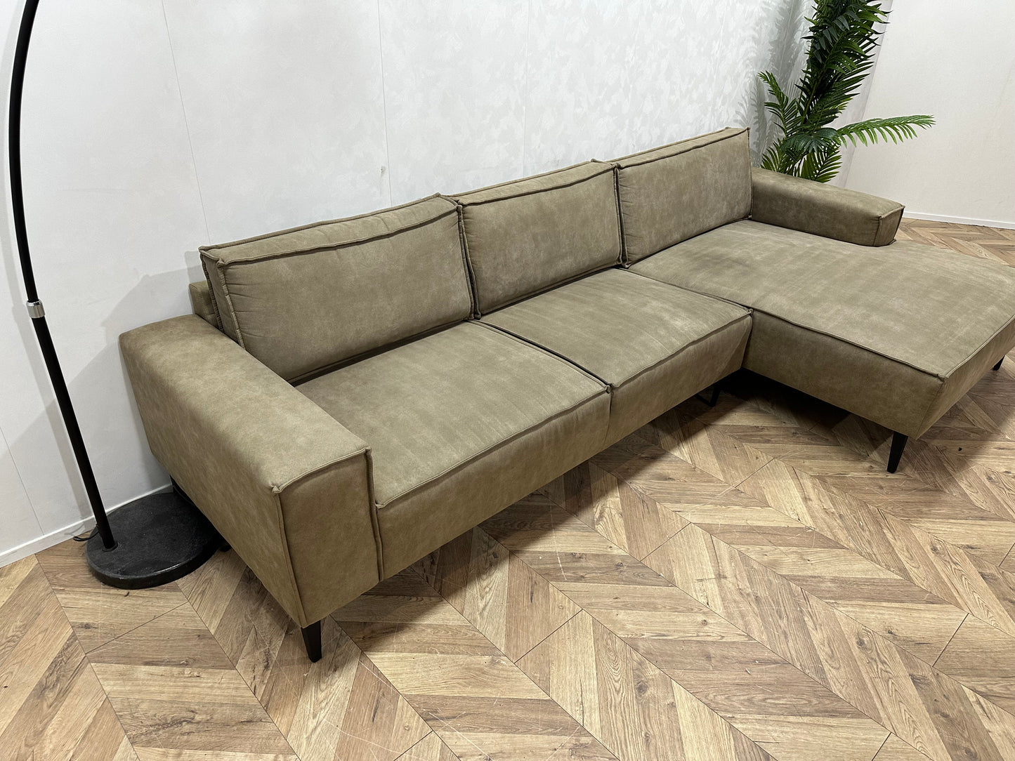 Olijf Groene Leather Look Hoekbank ~ Losse Rugkussens