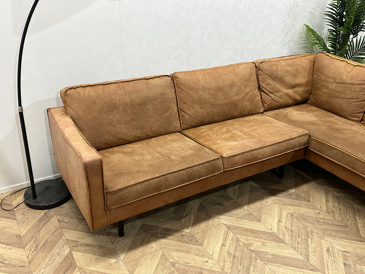 BePure Cognac Bruine Suède Lederen Hoekbank Inc Hocker ~ Losse Kussens Met Afneembare Hoezen