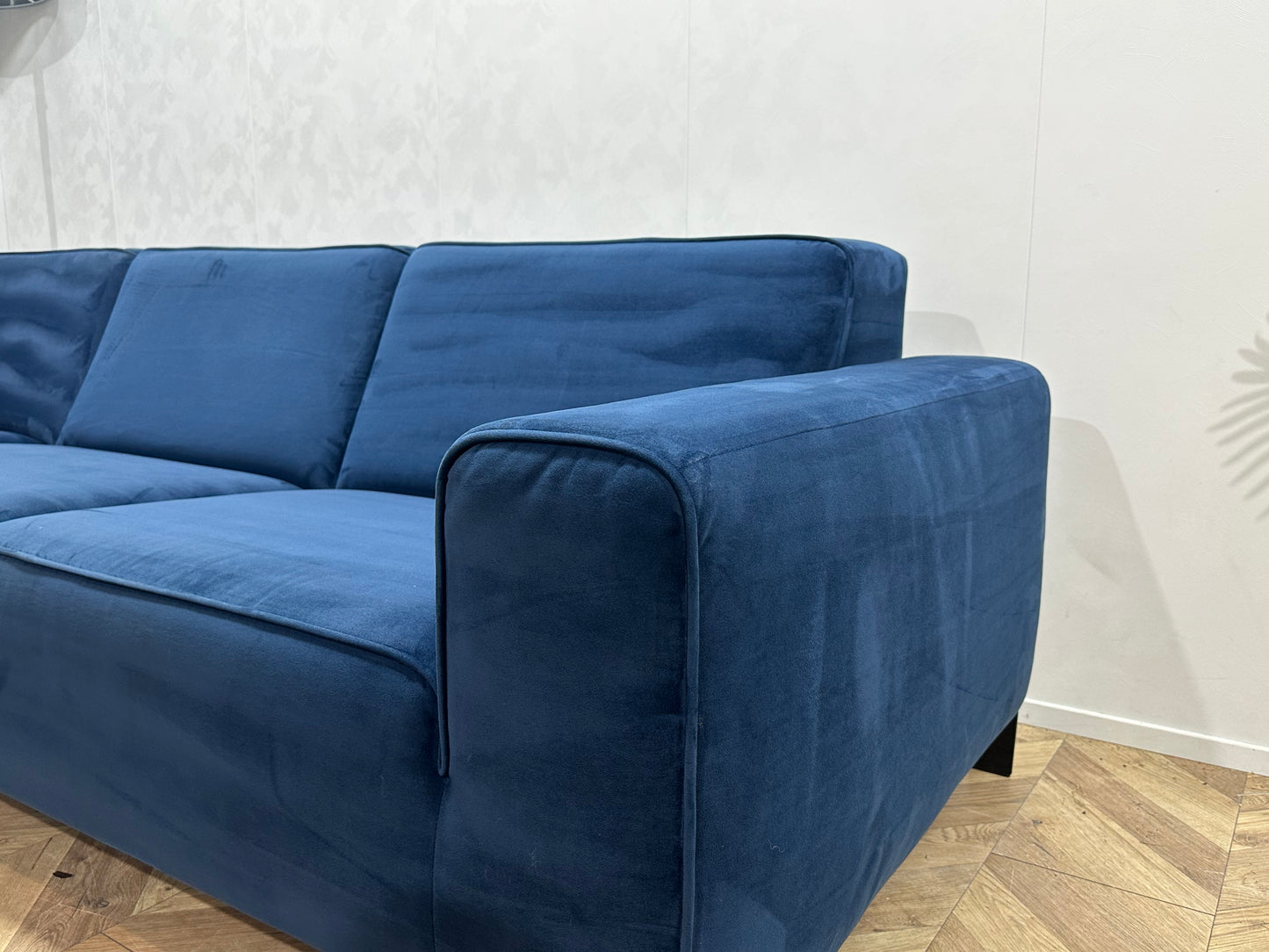 Blauwe Velvet Hoekbank ~ Vaste Kussens
