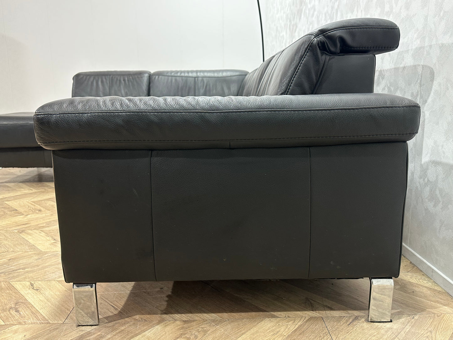Zwart Echt Lederen Hoekbank ~ Verstelbare Hoofdsteunen