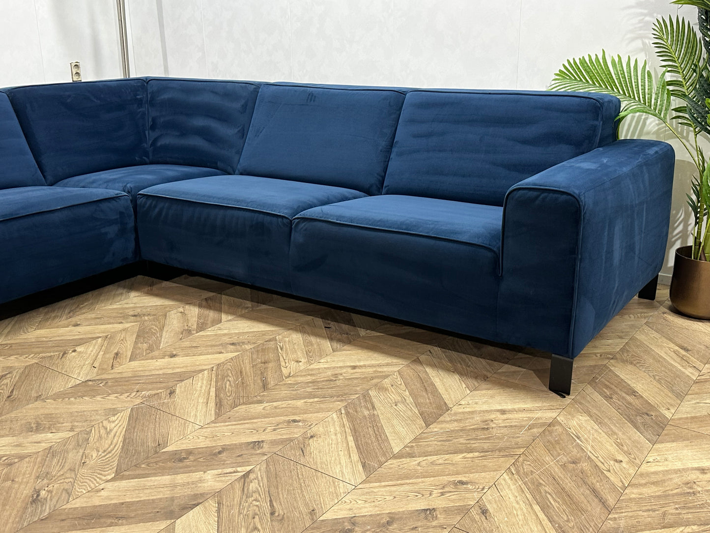 Blauwe Velvet Hoekbank ~ Vaste Kussens