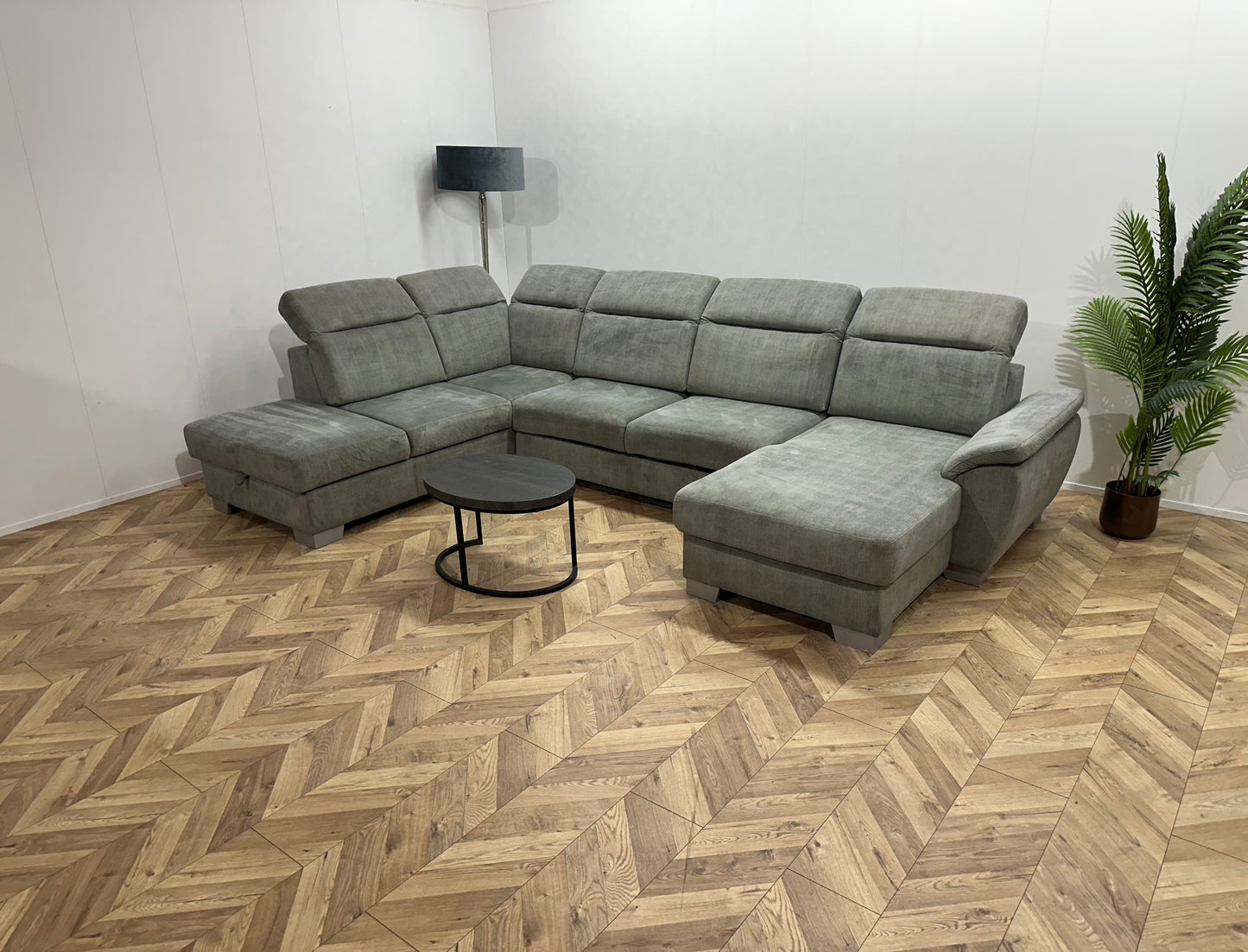 H&H Licht Groene Ribstof U Bank ~ Slaapfunctie ~ Opbergruimtes