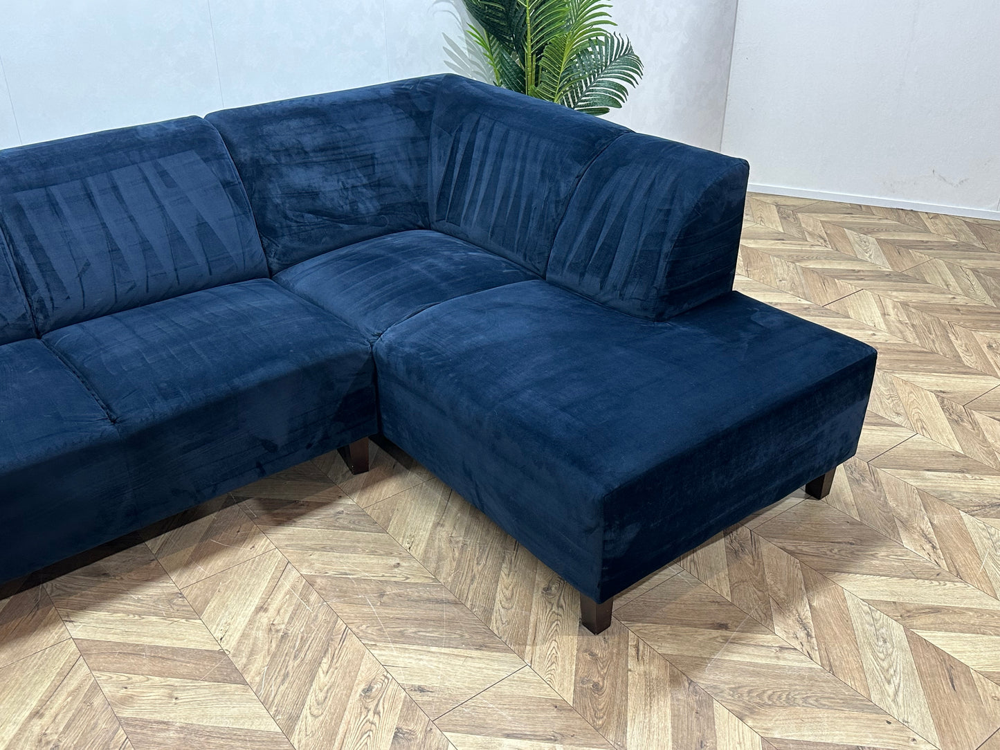 Blauwe Velvet Hoekbank ~ Vaste Kussens