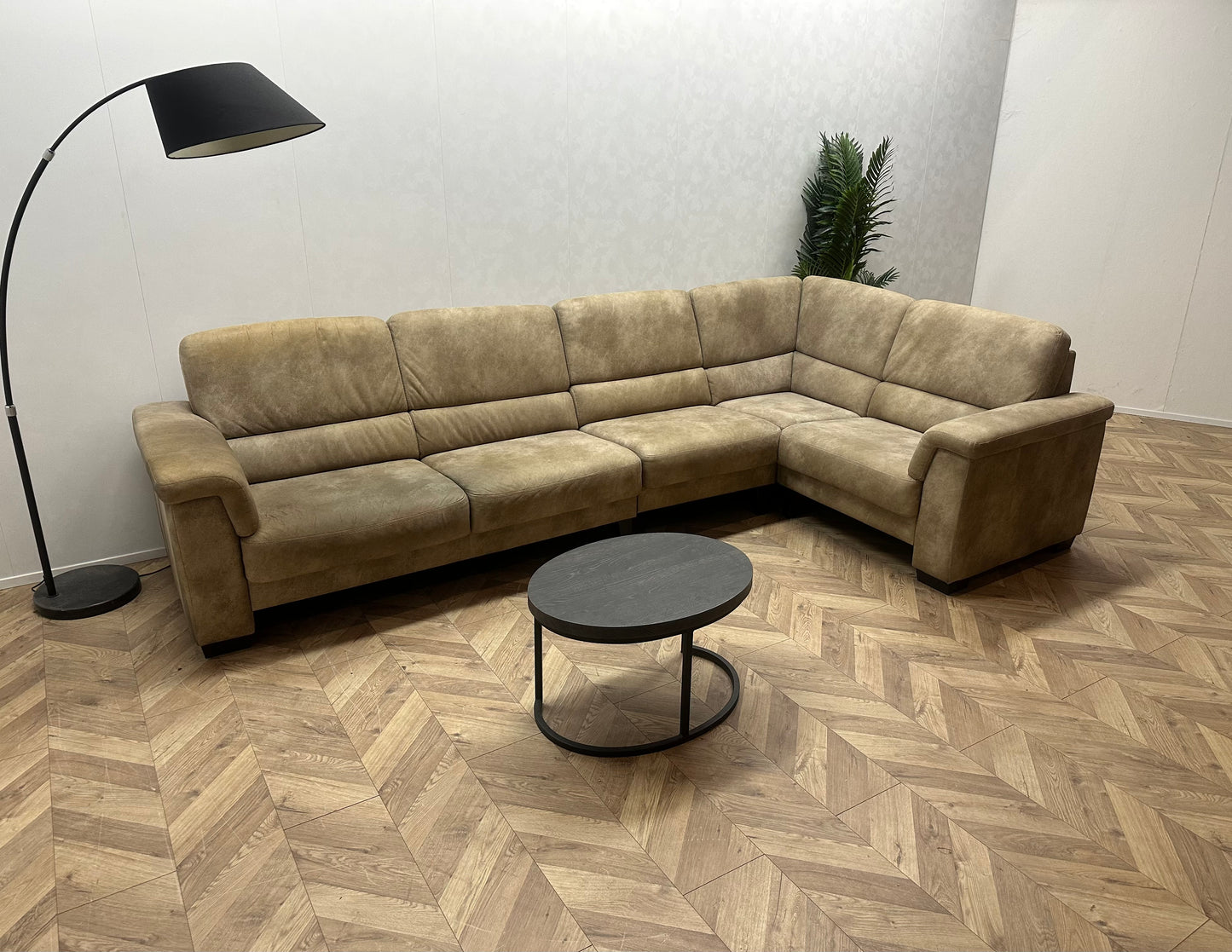 Licht Bruine Suede Lederen Hoekbank ~ Vaste Kussens