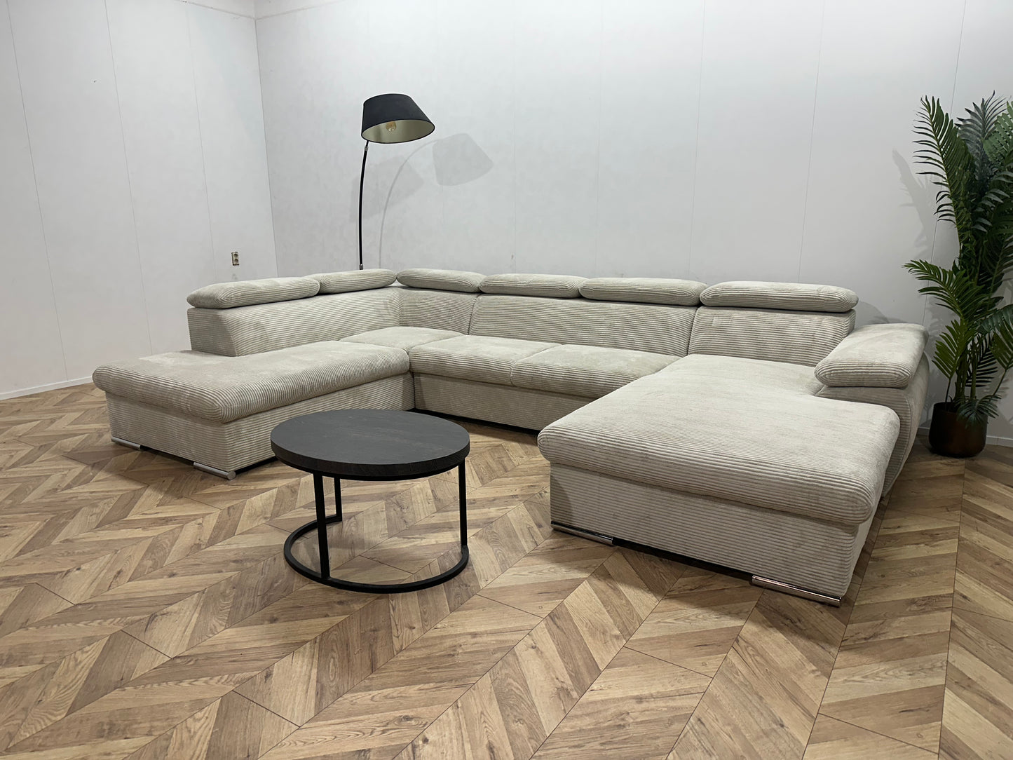 !Showroommodel! Witte/Crème Ribstof U Bank ~ Verstelbare Hoofdsteunen