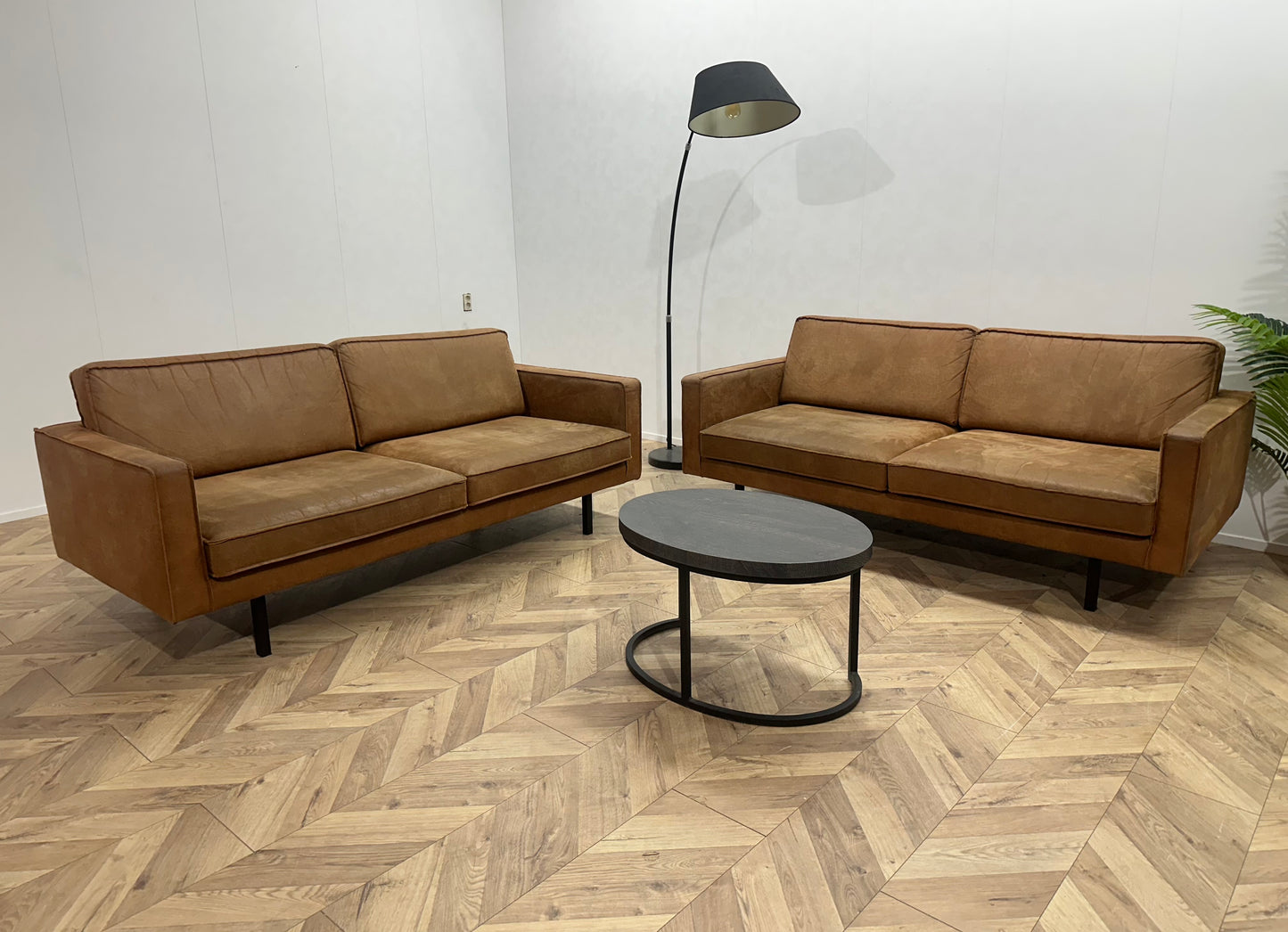 Cognac Bruine Suede Lederen Banken Set ~ Losse Kussens Met Afneembare Hoezen