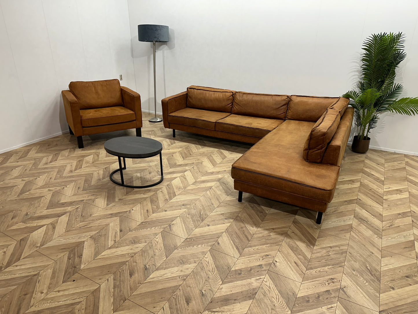 Cognac Bruine Suède Lederen Hoekbank Inc Fauteuil ~ Losse Kussens Met Afneembare Hoezen