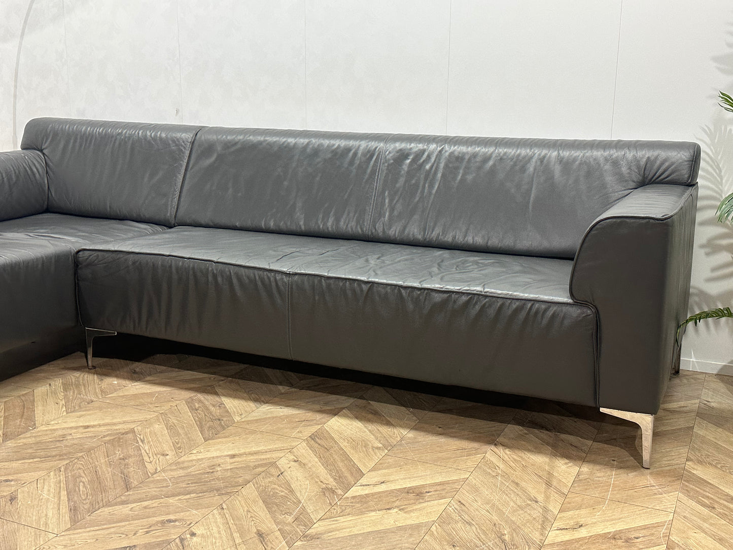 Montèl Grijze Echt Lederen Design Hoekbank ~ Vaste Kussens