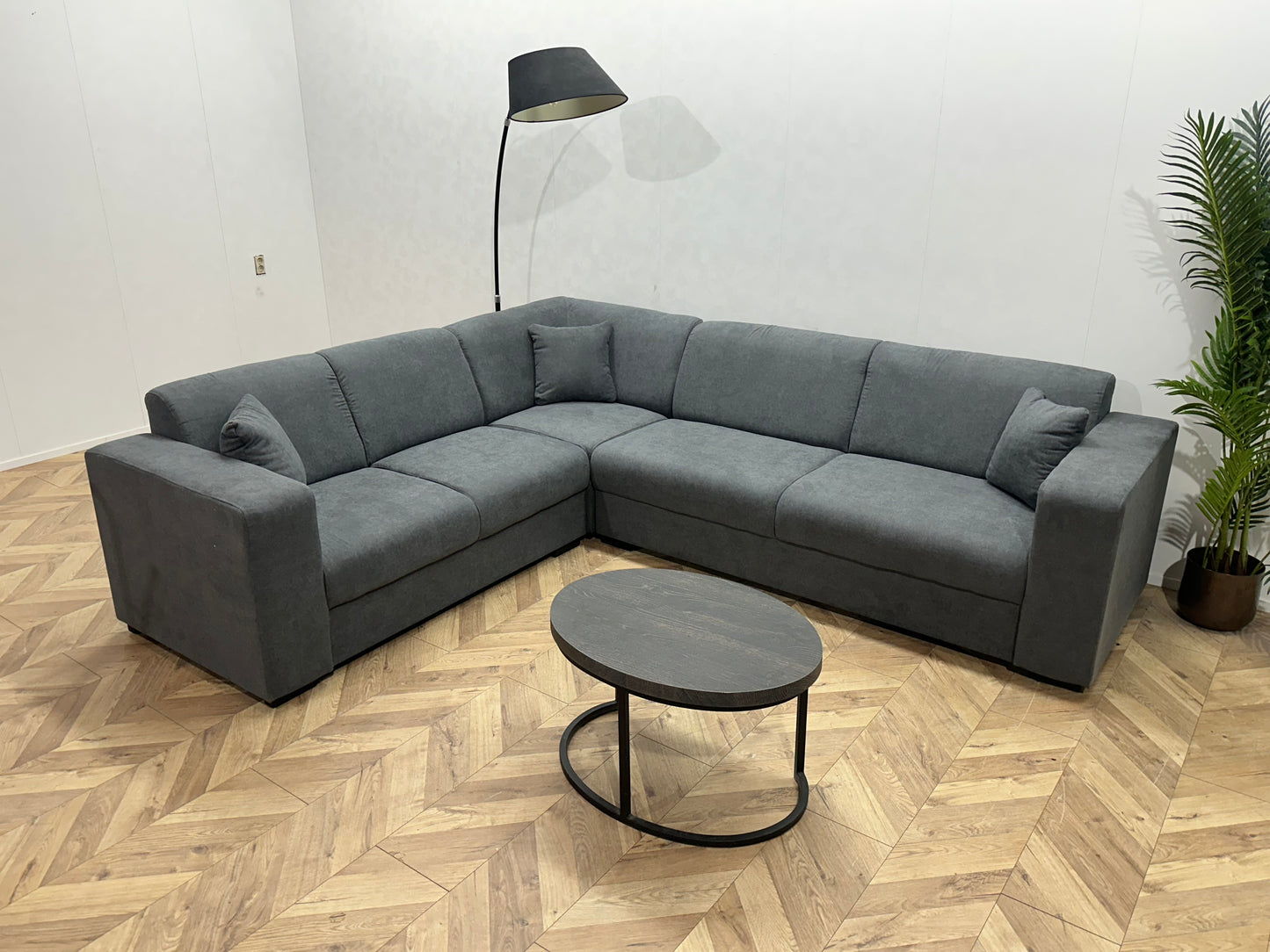 !Showroommodel! Antraciet Suède Stoffen Hoekbank