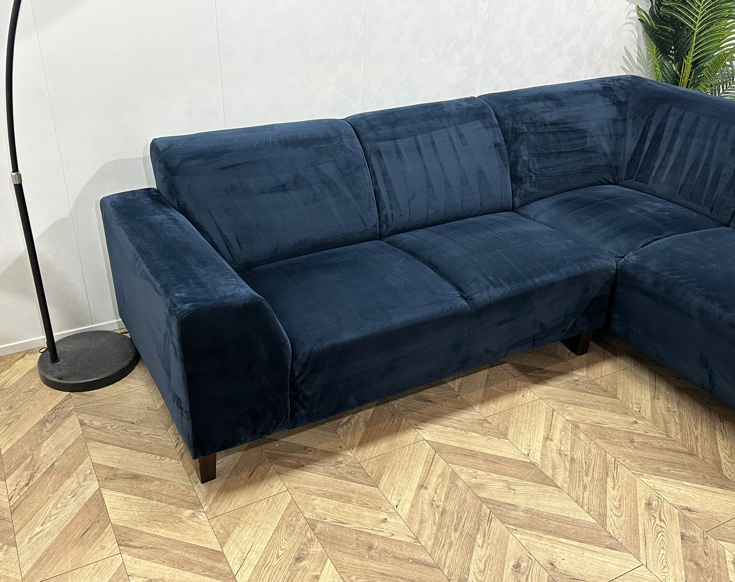 Blauwe Velvet Hoekbank ~ Vaste Kussens