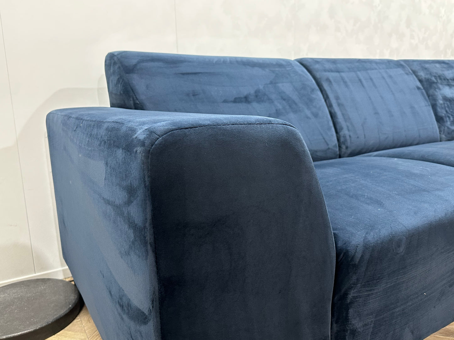 Blauwe Velvet Hoekbank ~ Vaste Kussens