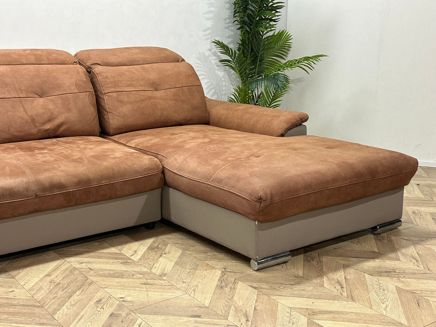 Cognac Bruine/Grijze Suède Stoffen/Lederen U Bank ~ Opbergruimte ~ Verstelbare Rug/Hoofdsteunen