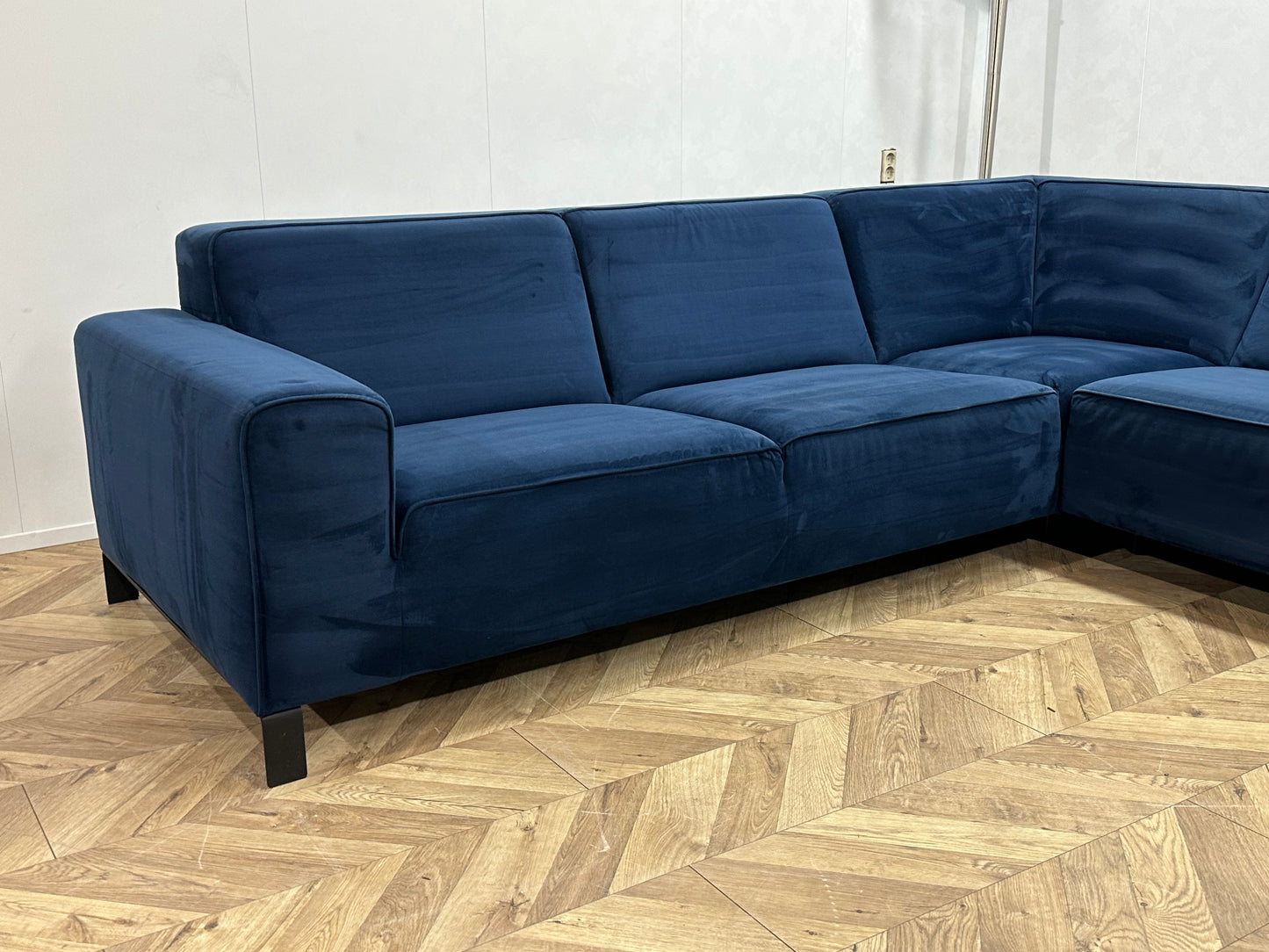 Blauwe Velvet Hoekbank ~ Vaste Kussens
