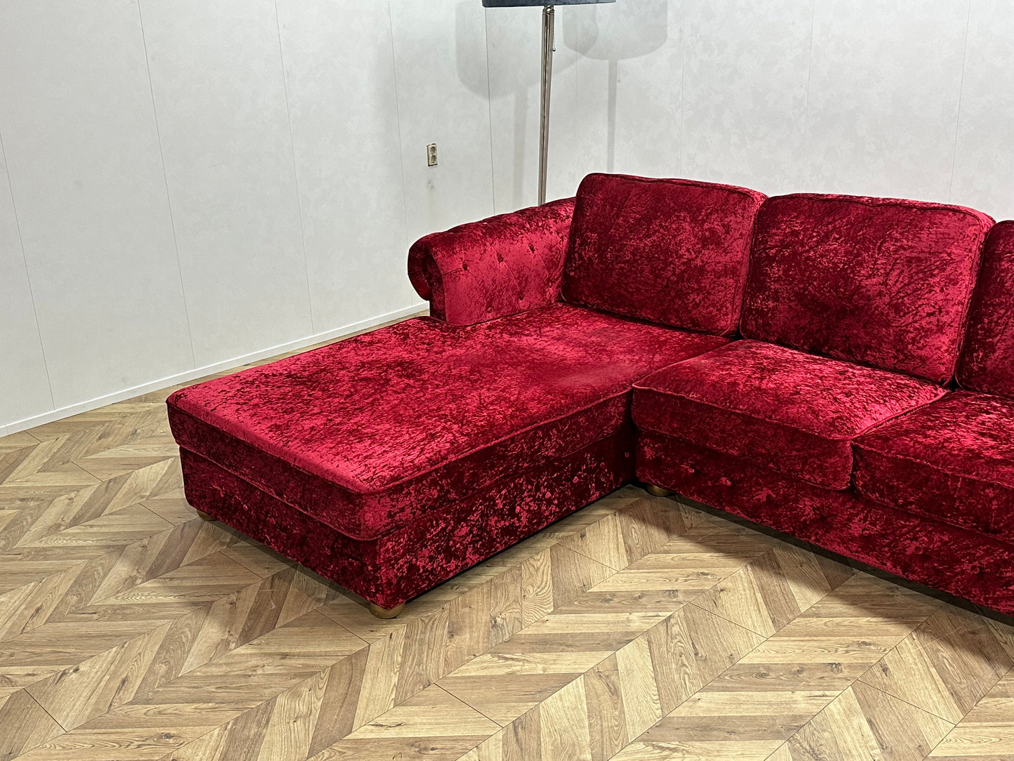 Rode/Roze Velvet Hoekbank ~ Losse Kussens Met Afneembare Hoezen