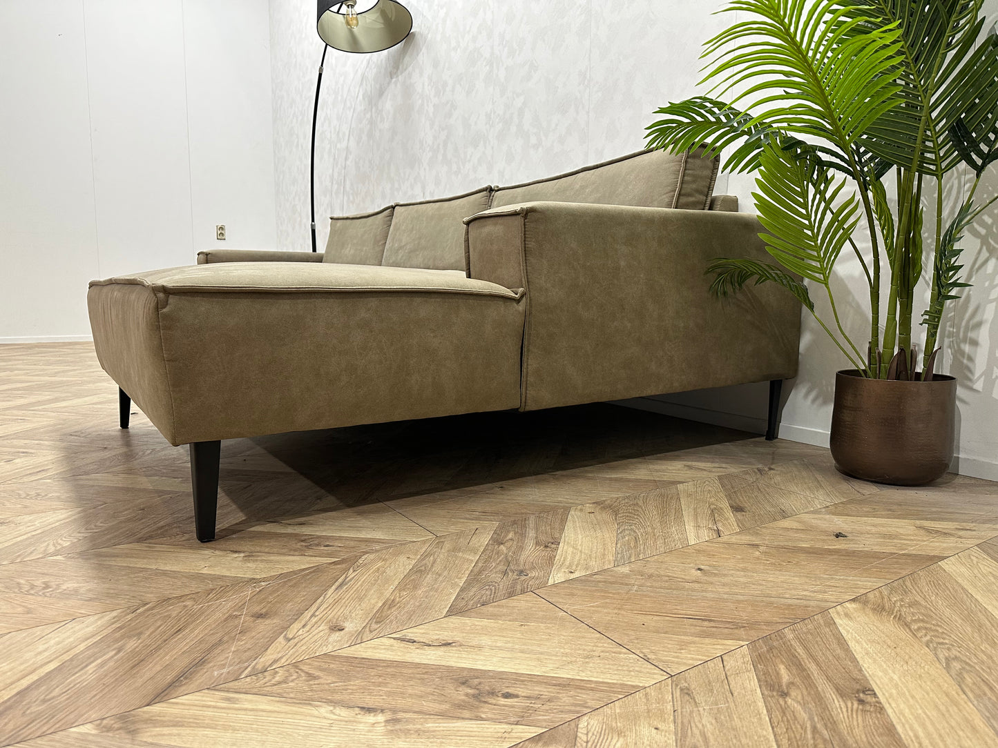 Olijf Groene Leather Look Hoekbank ~ Losse Rugkussens