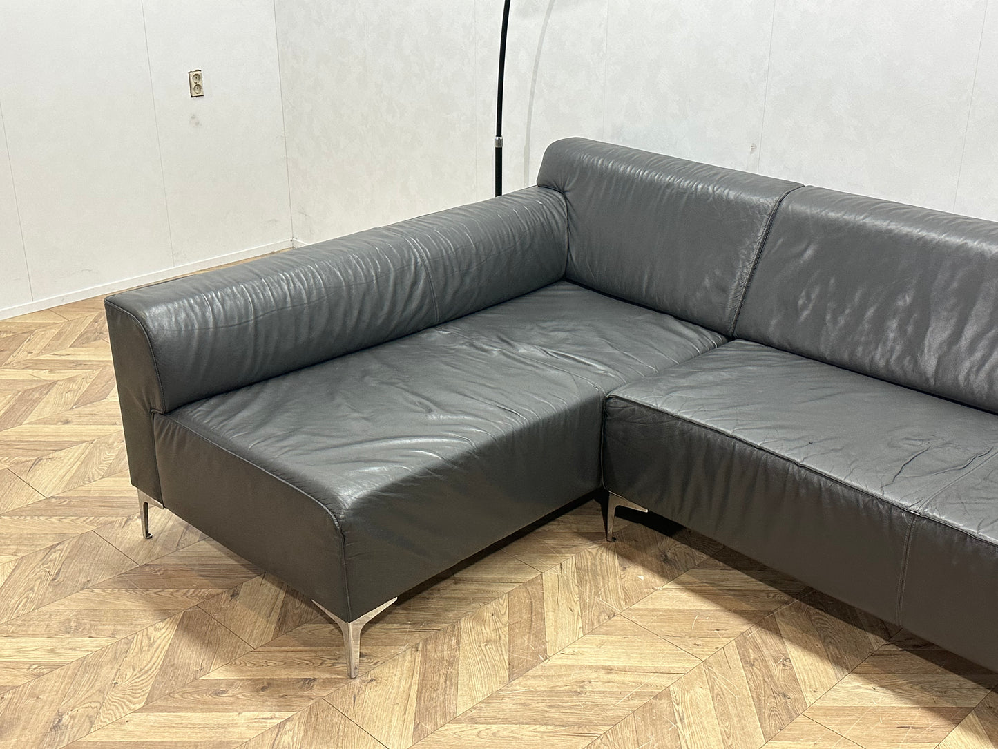Montèl Grijze Echt Lederen Design Hoekbank ~ Vaste Kussens