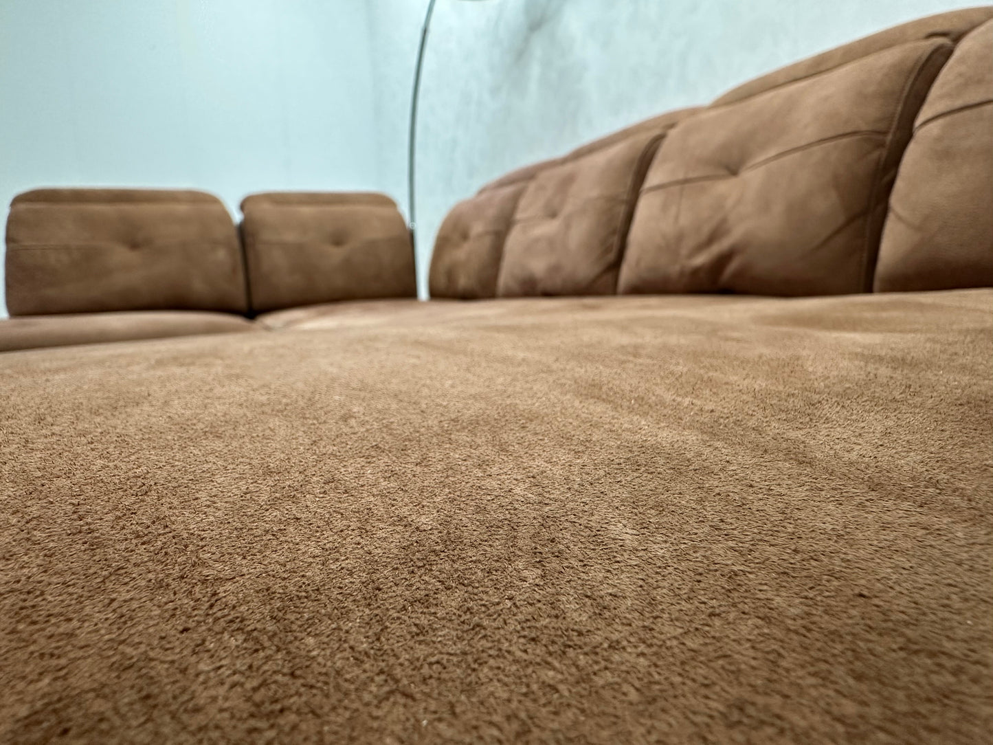 Cognac Bruine/Grijze Suède Stoffen/Lederen U Bank ~ Opbergruimte ~ Verstelbare Rug/Hoofdsteunen