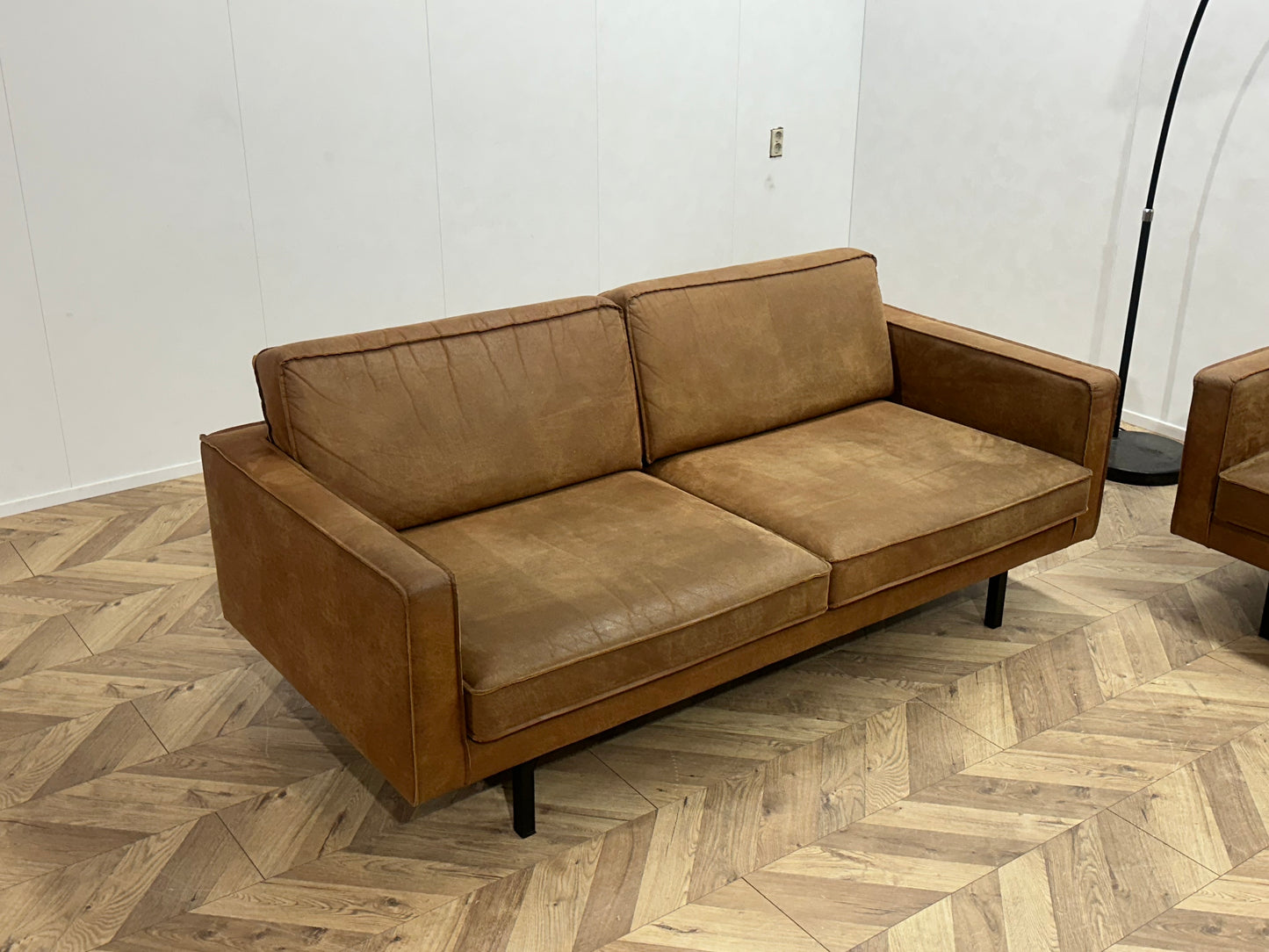 Cognac Bruine Suede Lederen Banken Set ~ Losse Kussens Met Afneembare Hoezen