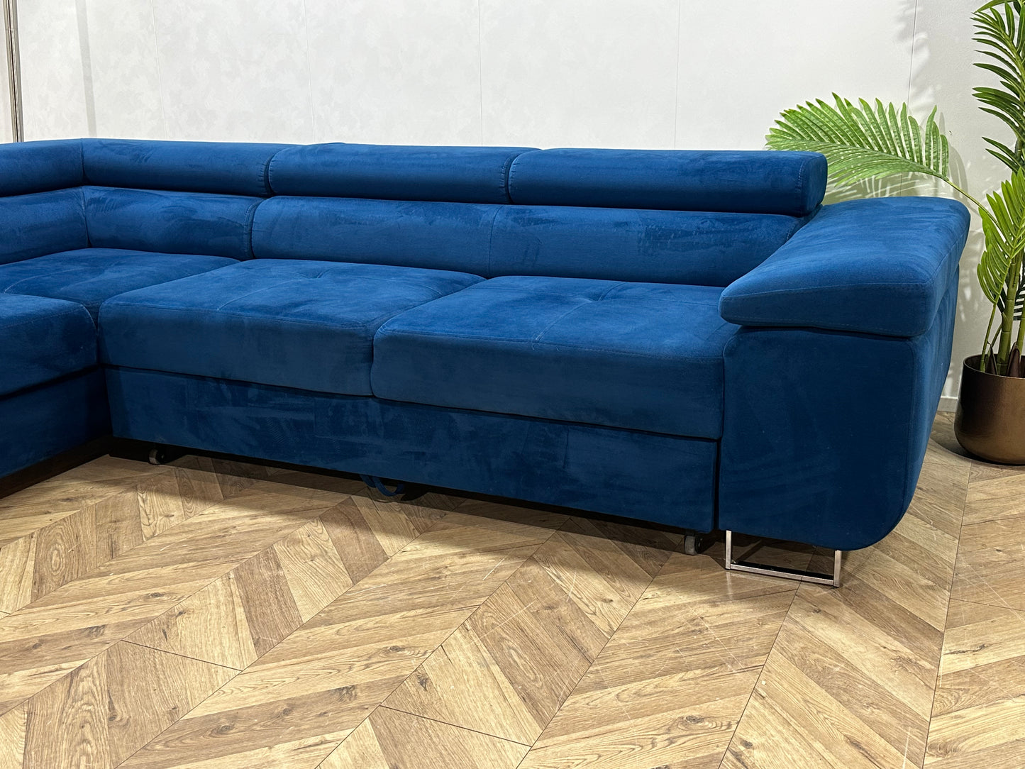 Blauwe Velvet Hoekbank ~ Slaapfunctie ~ Opbergruimte ~ Nieuwstaat