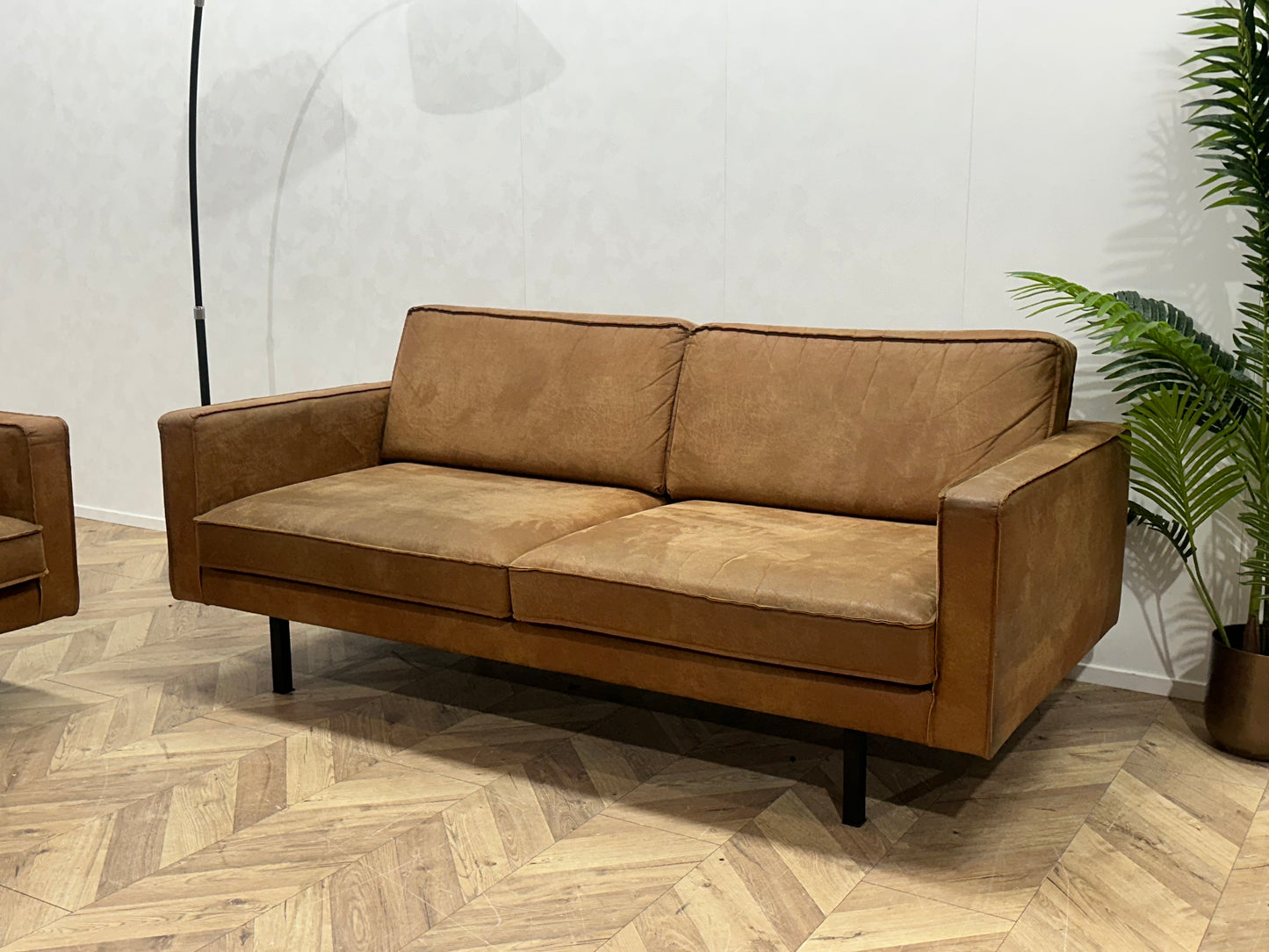Cognac Bruine Suede Lederen Banken Set ~ Losse Kussens Met Afneembare Hoezen