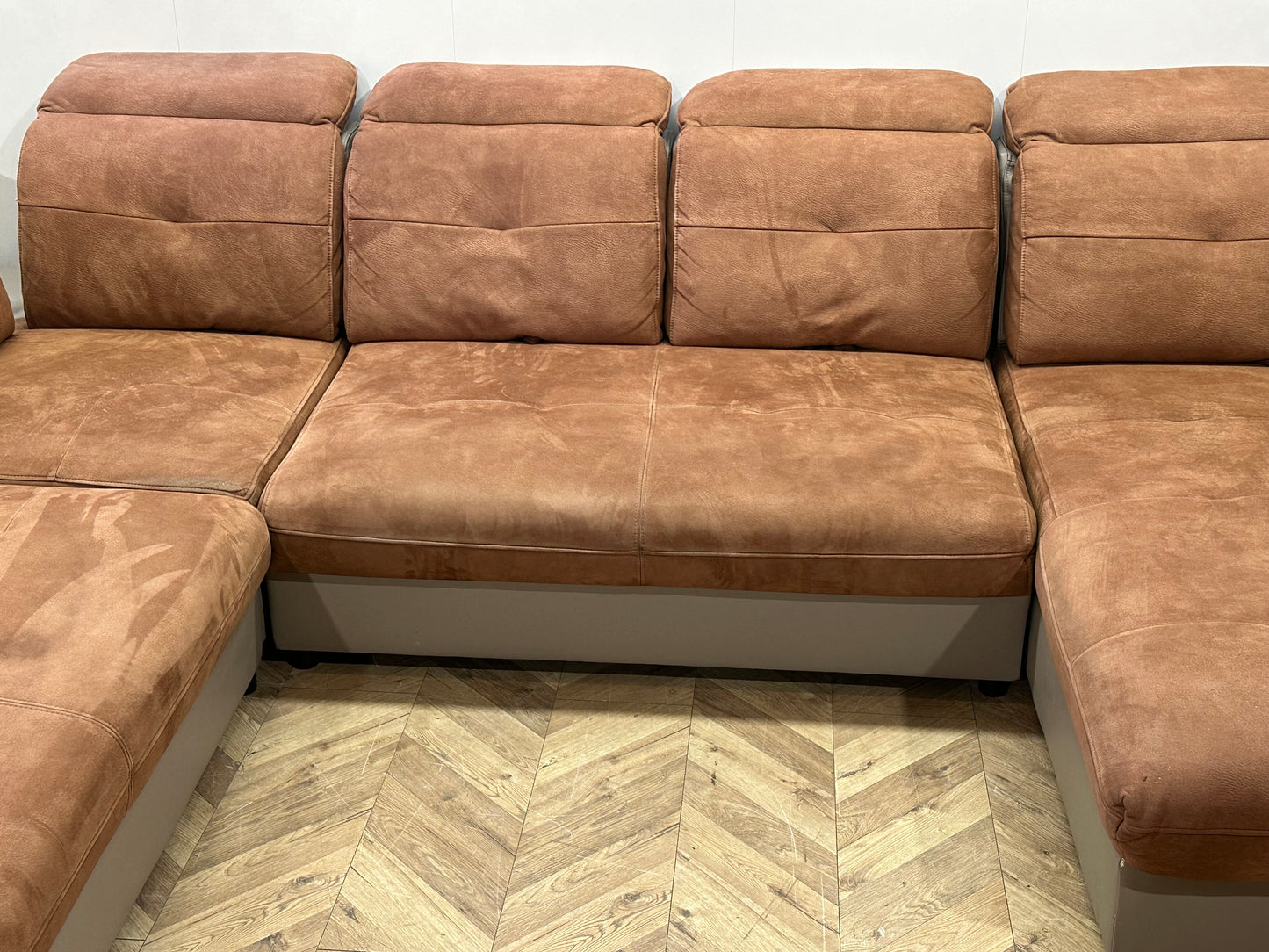 Cognac Bruine/Grijze Suède Stoffen/Lederen U Bank ~ Opbergruimte ~ Verstelbare Rug/Hoofdsteunen